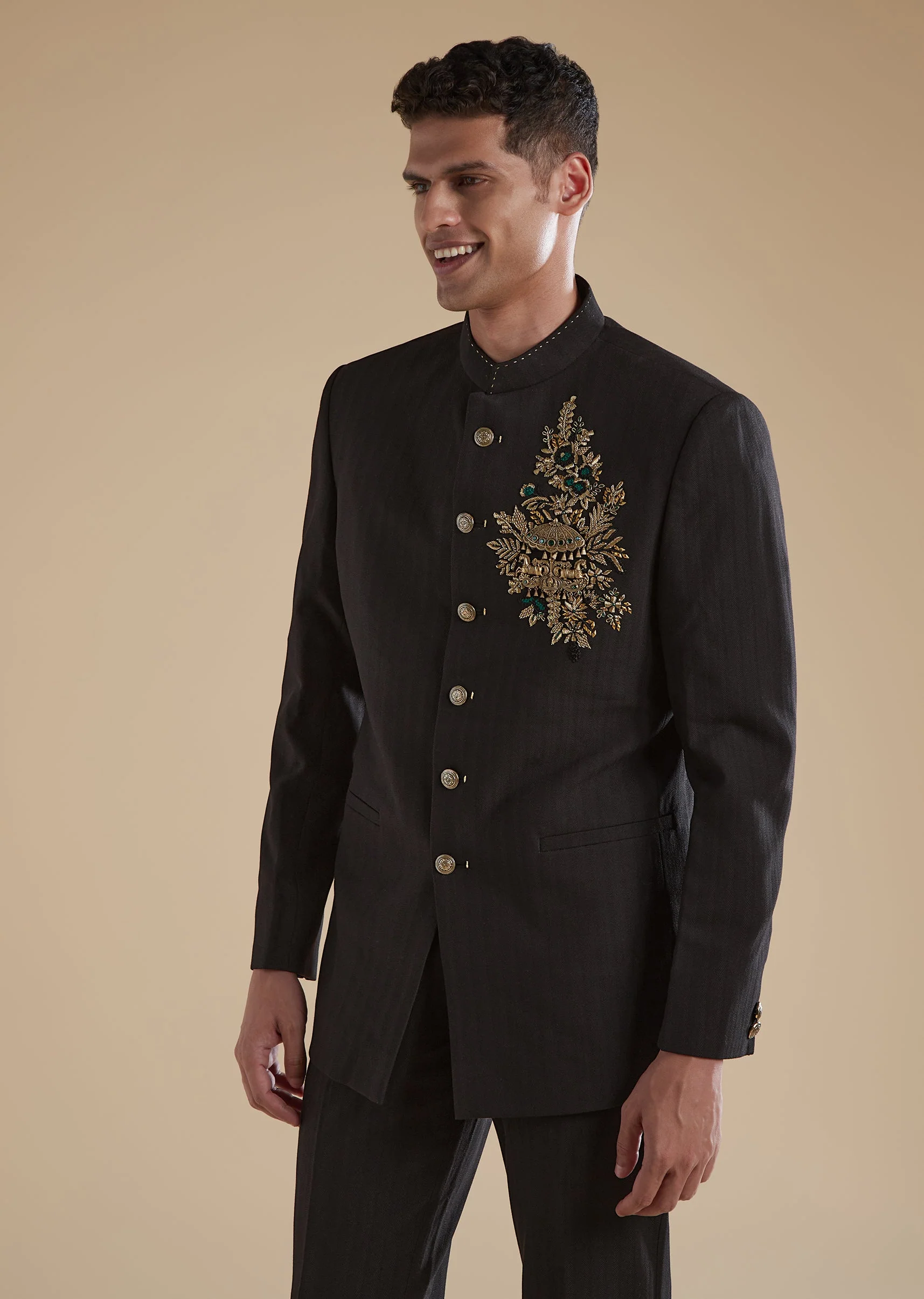 Black Rayon Jodhpuri Set With Metal Zardosi Thread Resham Work - Image 4