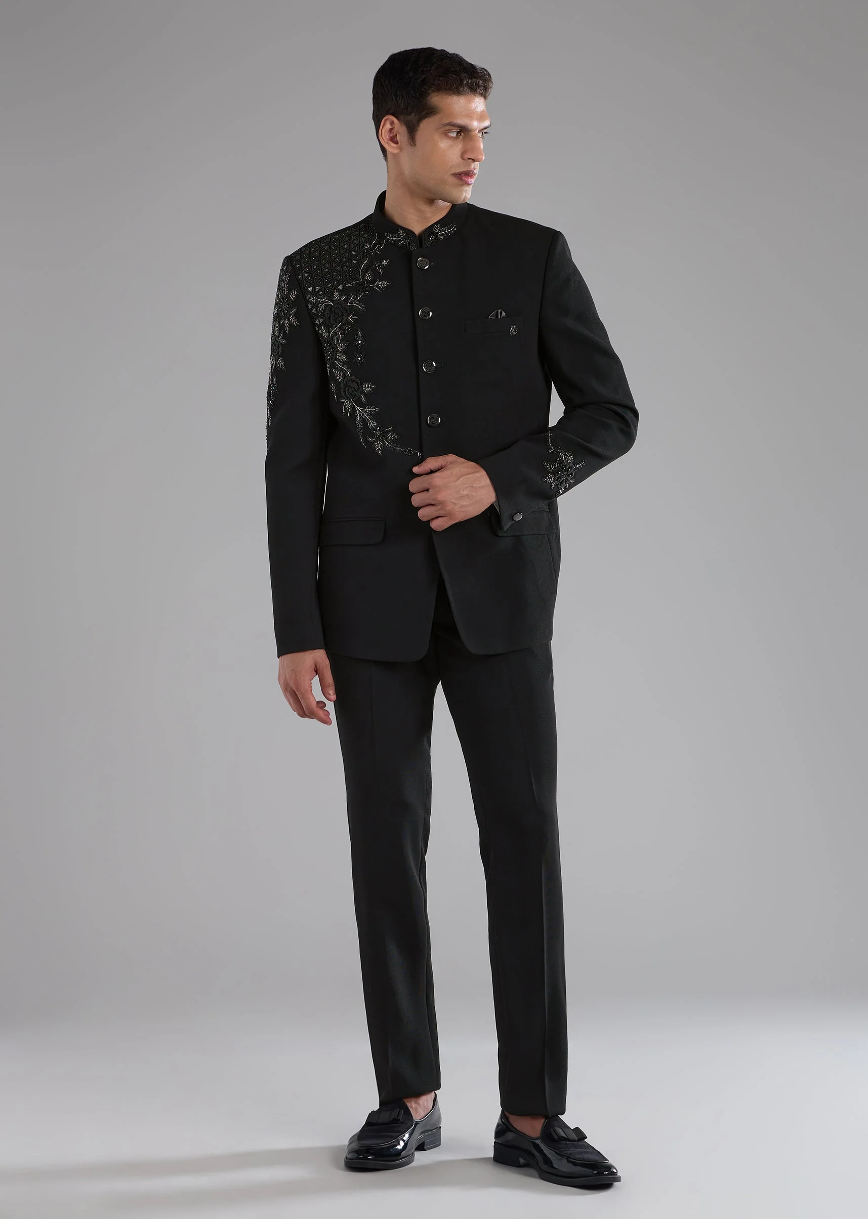Black Rayon Jodhpuri Set with Stone Embellishments - Image 4