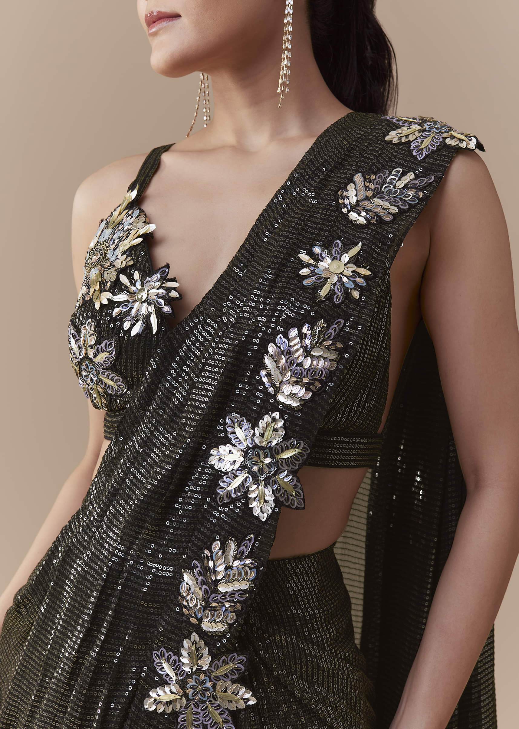 Black Ready Pleated Georgette Saree with Sequin Wor Blouse - Image 2