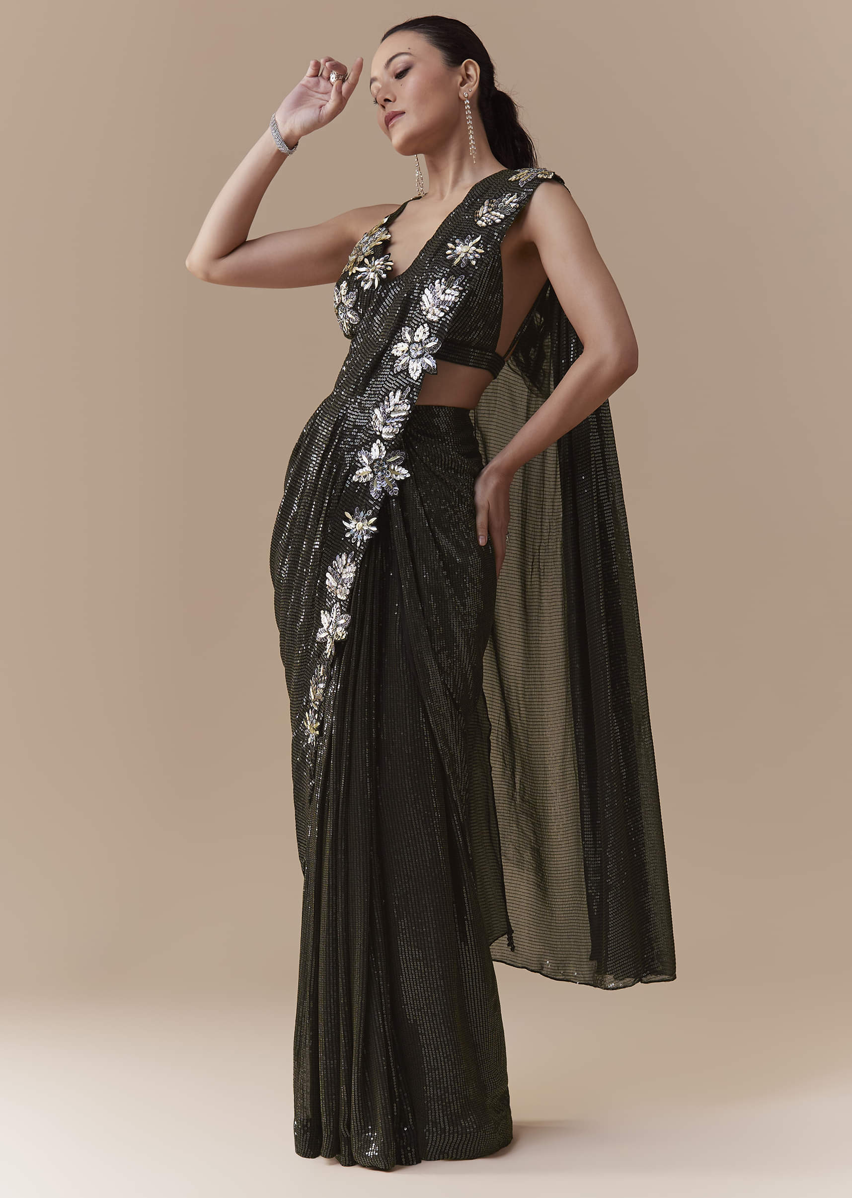 Black Ready Pleated Georgette Saree with Sequin Wor Blouse - Image 3