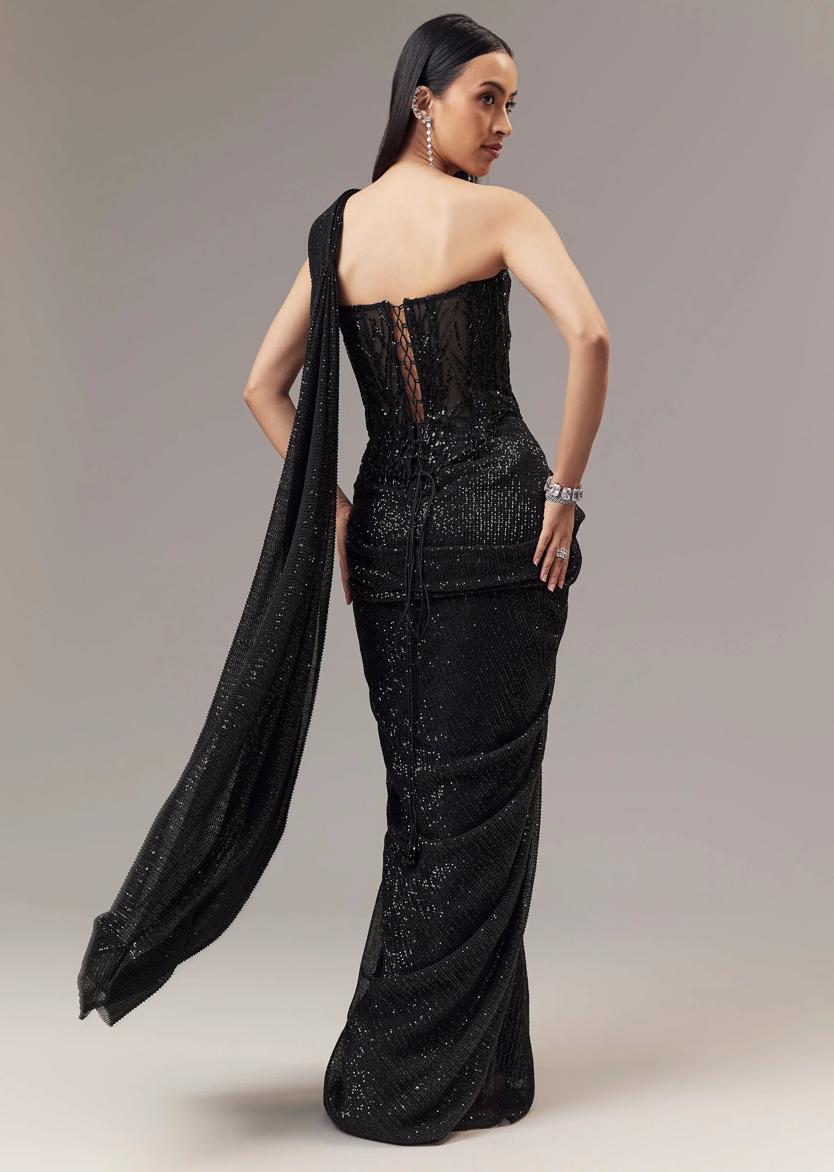 Black Ready Pleated Indo Western Shimmer Saree With Sequin Corset Blouse - Image 2