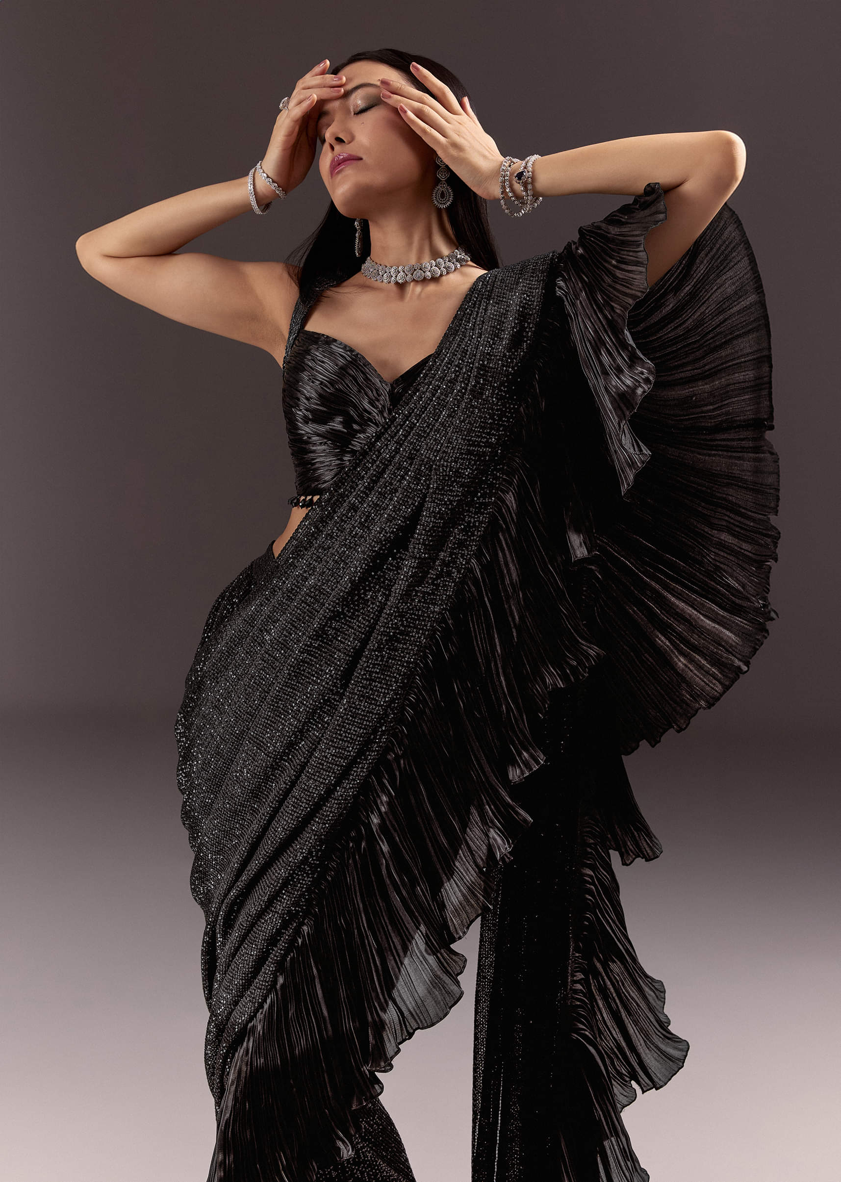 Black Ready Pleated Saree With Ruching Blouse And Frills - Image 2