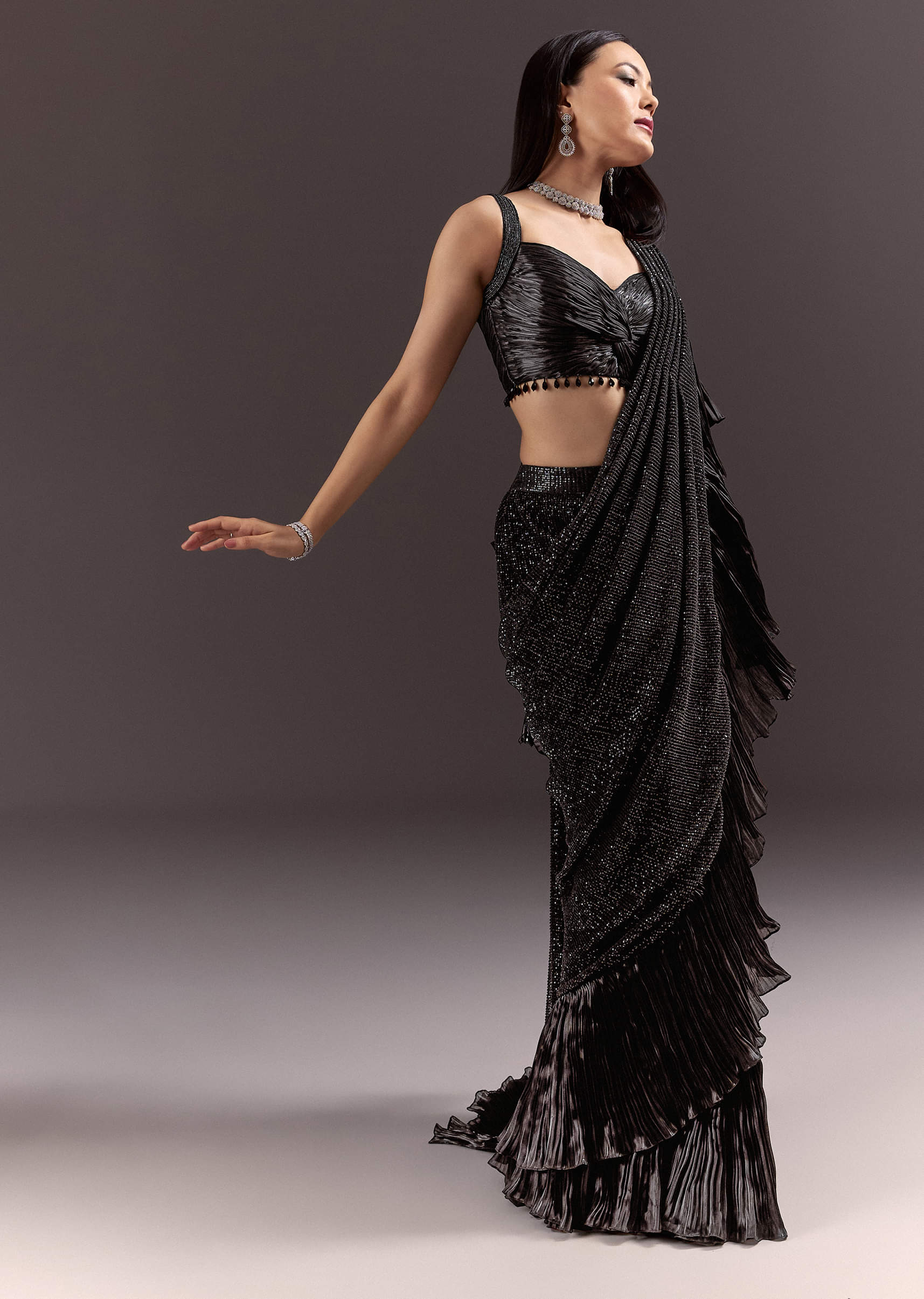 Black Ready Pleated Saree With Ruching Blouse And Frills - Image 5