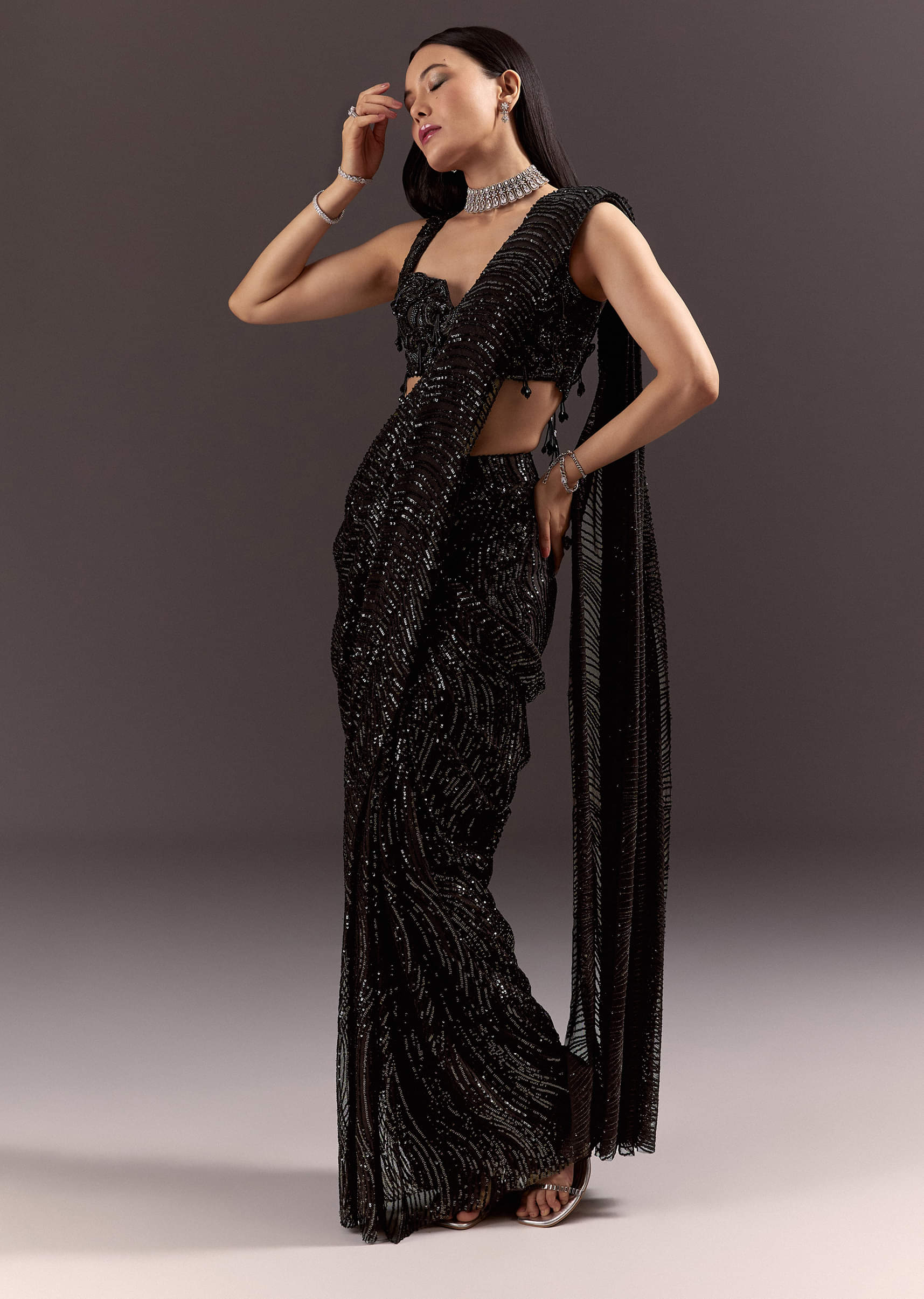 Black Ready To Wear Saree With 3D Patching And Fancy Neck Blouse - Image 4