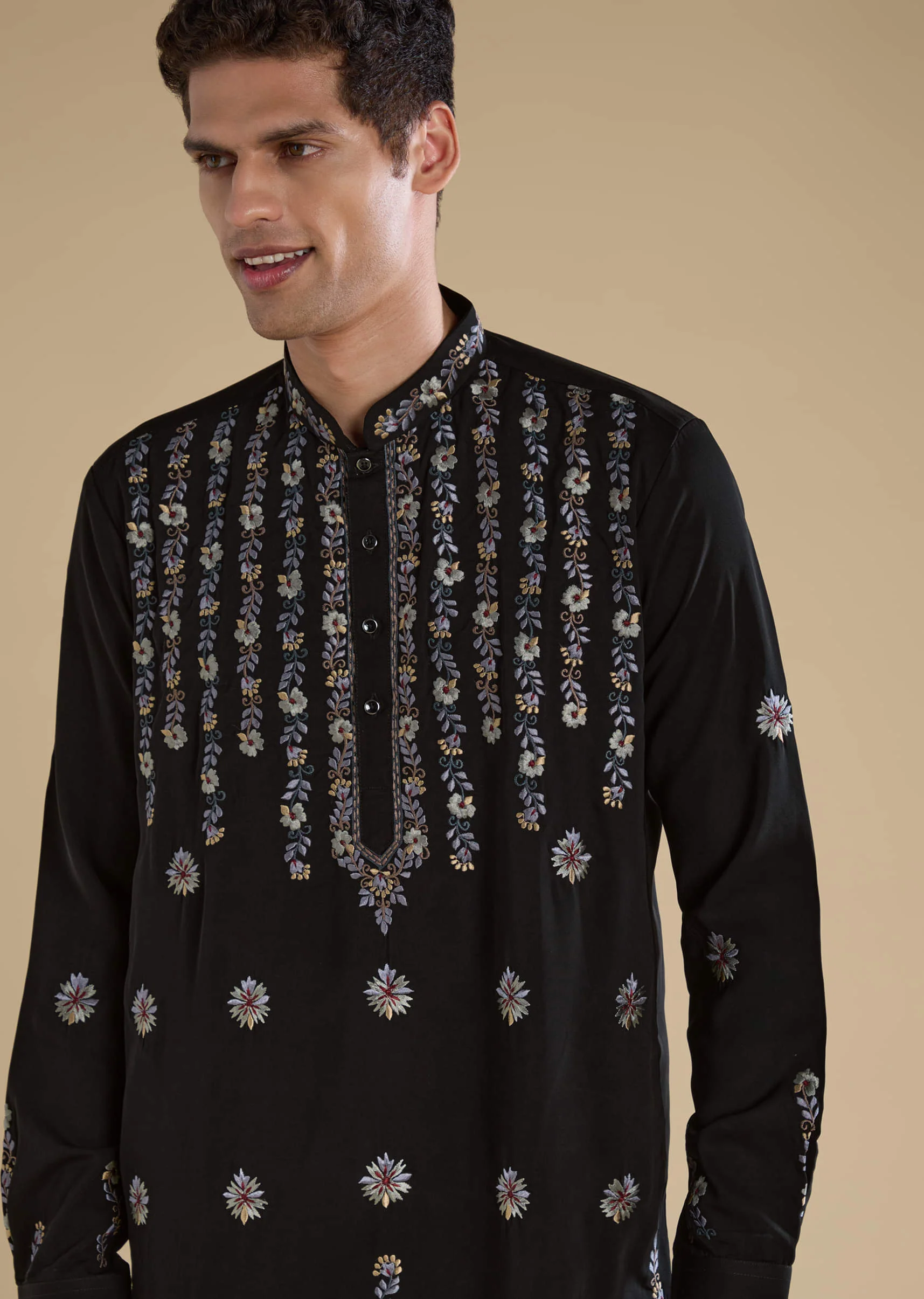 Black Resham Work Straight Mens Kurta and Pant Set - Image 2