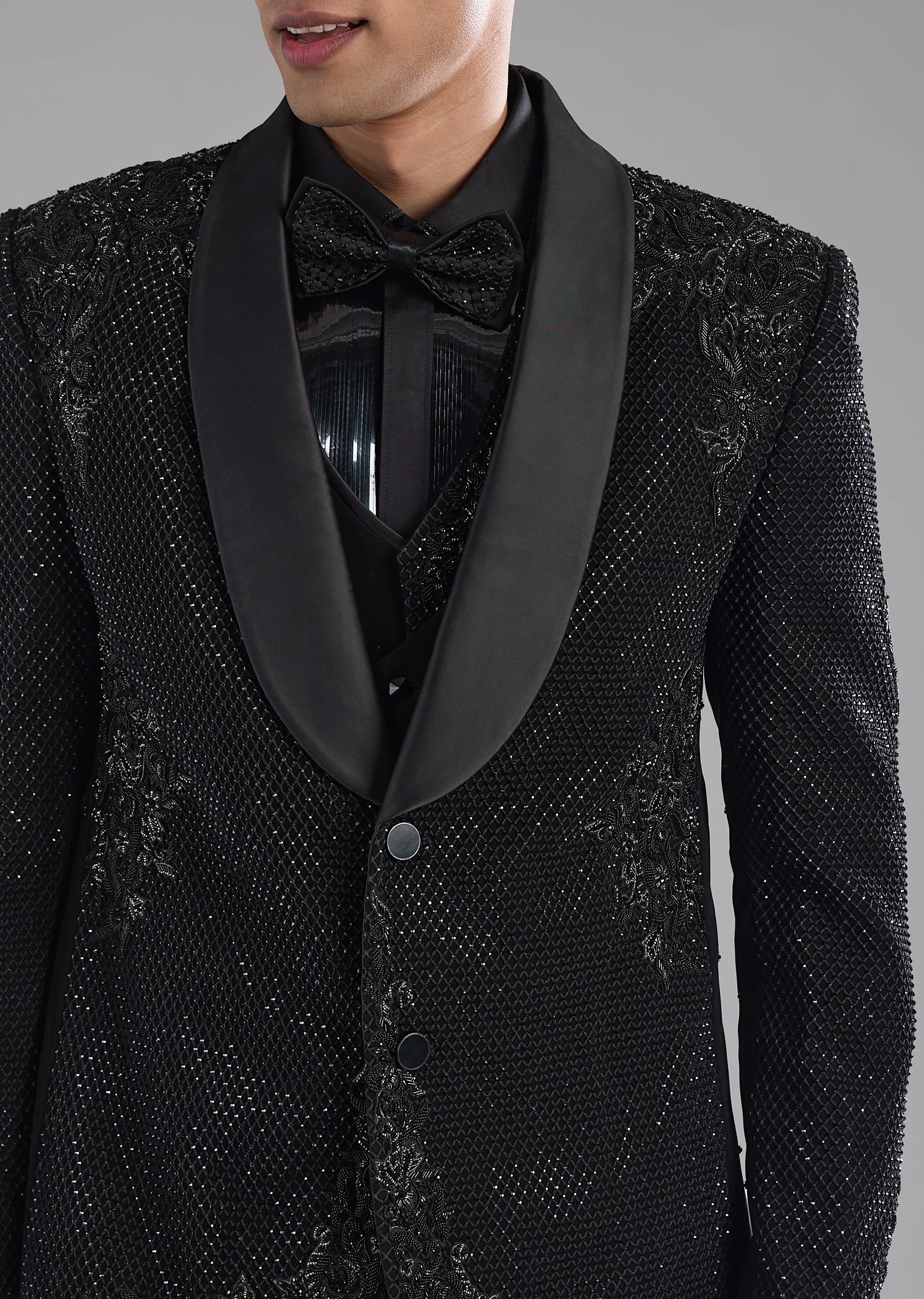 Black Resham Work Tuxedo and Waist Coat Set - Image 3