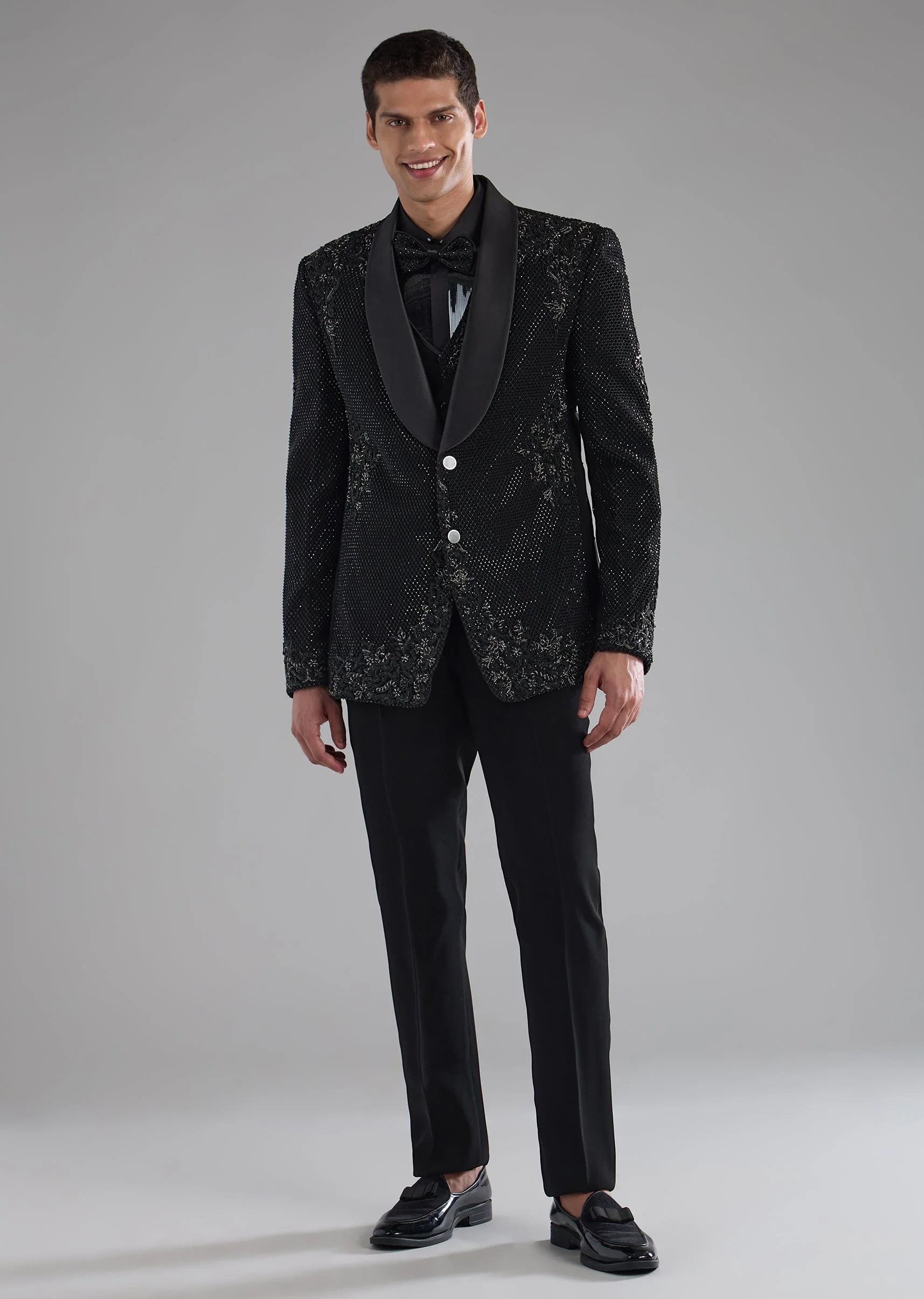 Black Resham Work Tuxedo and Waist Coat Set - Image 5