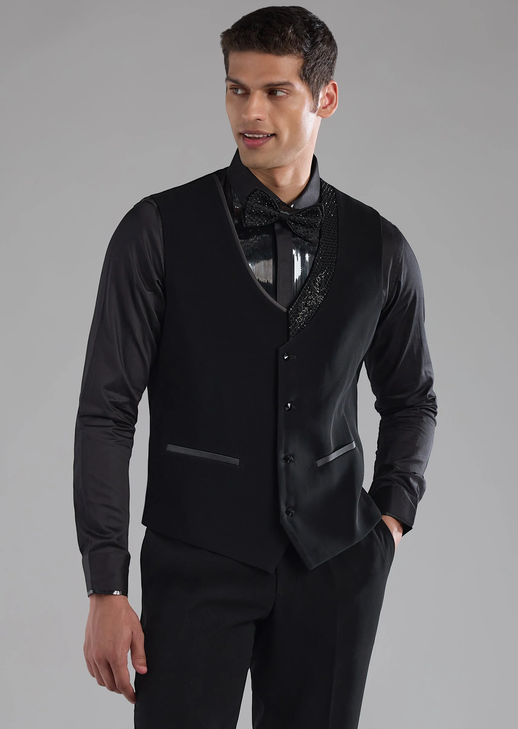 Black Resham Work Tuxedo and Waist Coat Set - Image 7