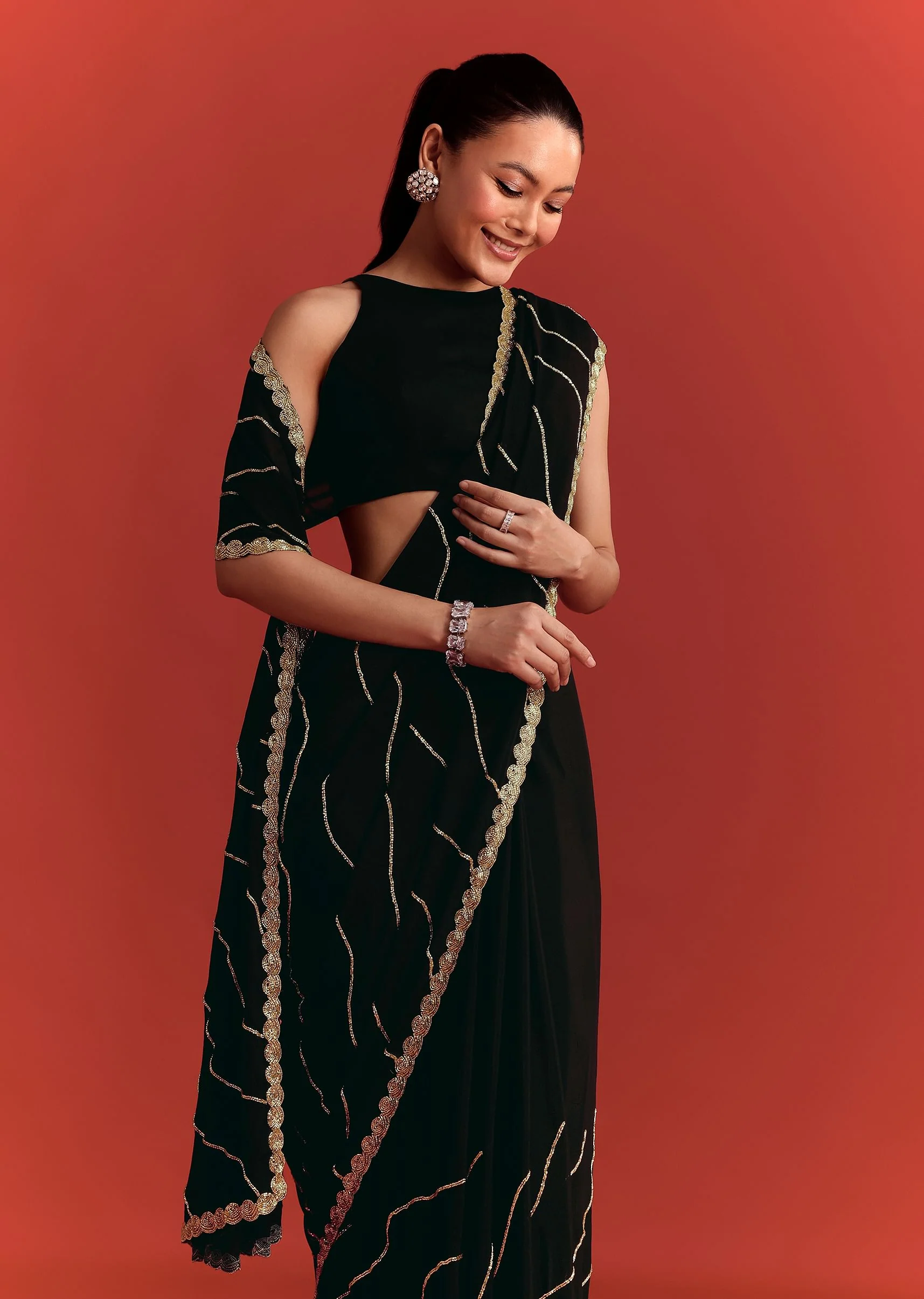 Black Saree In Chinnon With Cutdana Work - Image 2