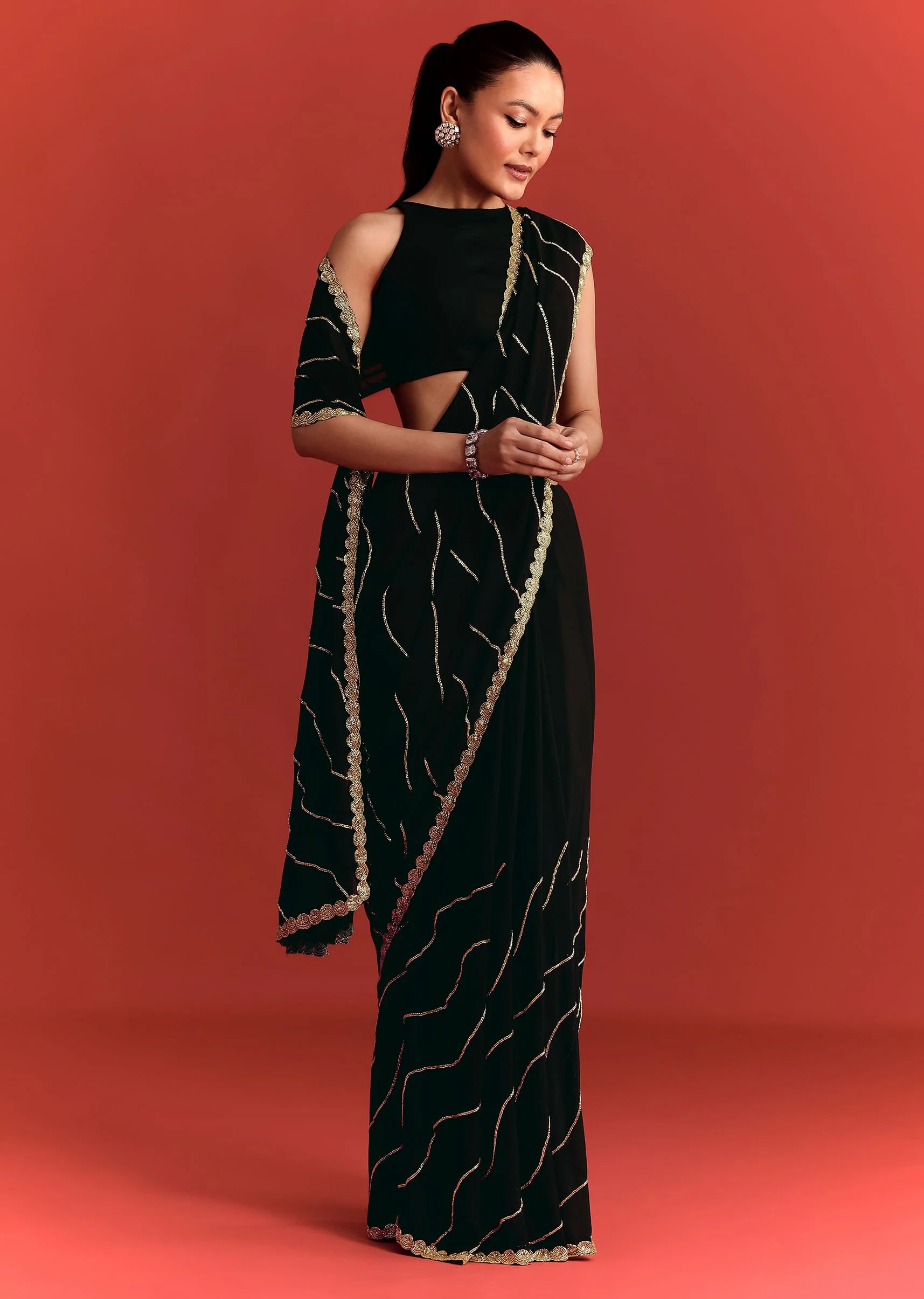 Black Saree In Chinnon With Cutdana Work - Image 3