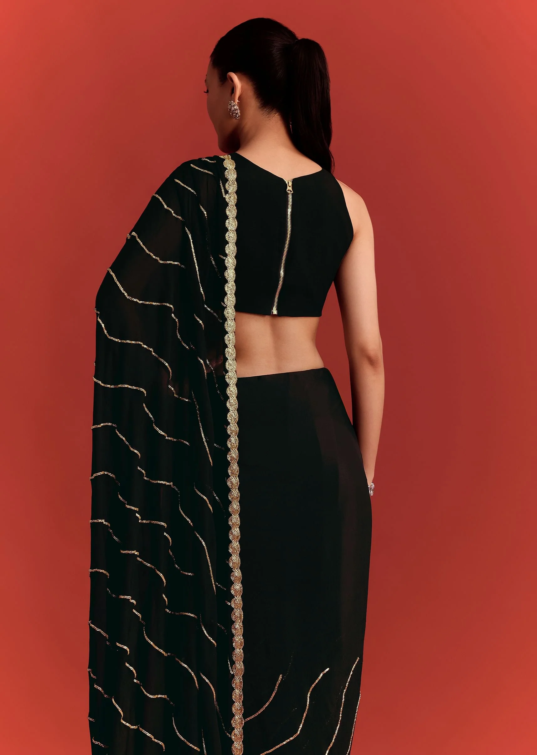 Black Saree In Chinnon With Cutdana Work - Image 4