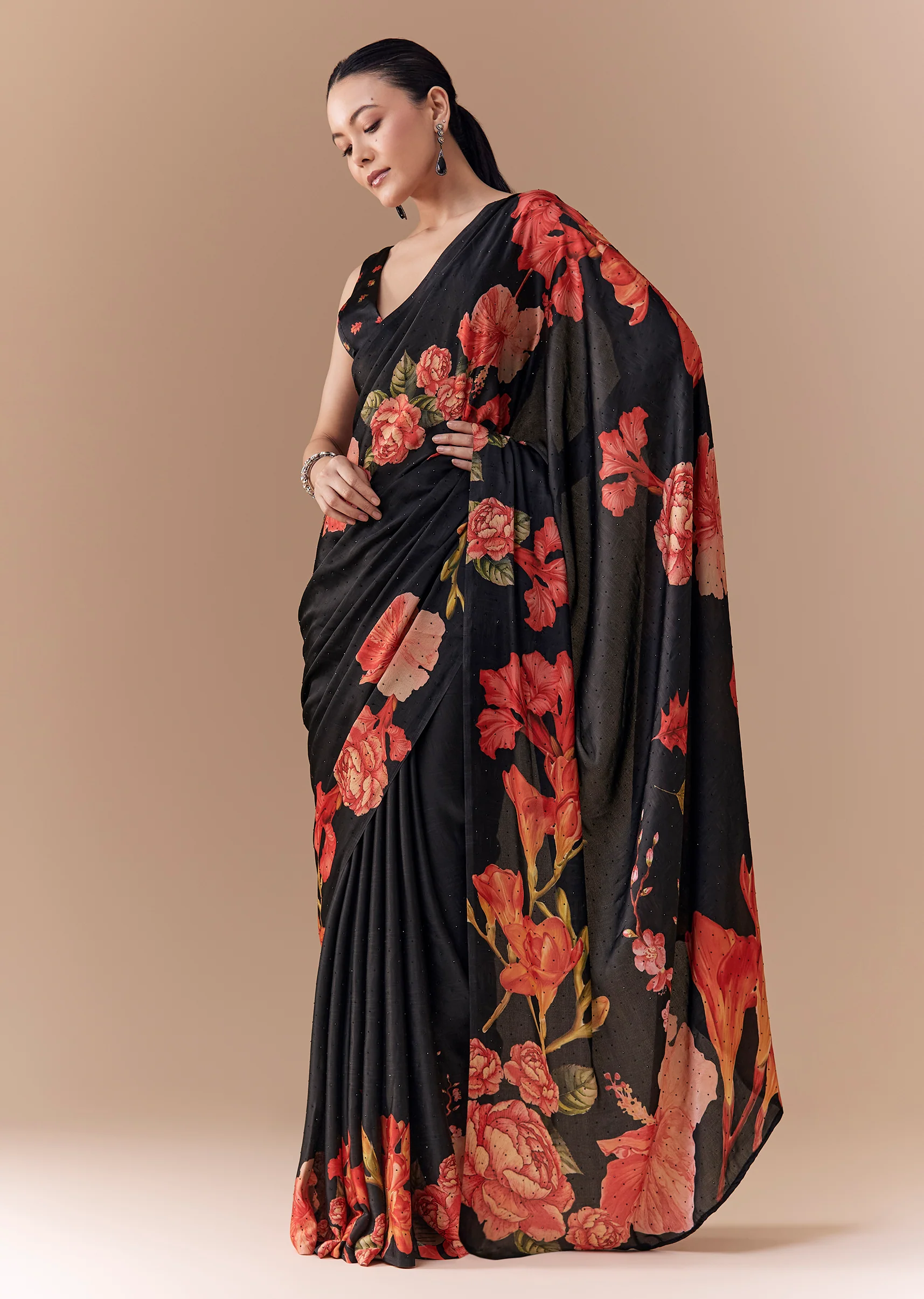 Black Satin Floral Printed Saree with Blouse Fabric - Image 3