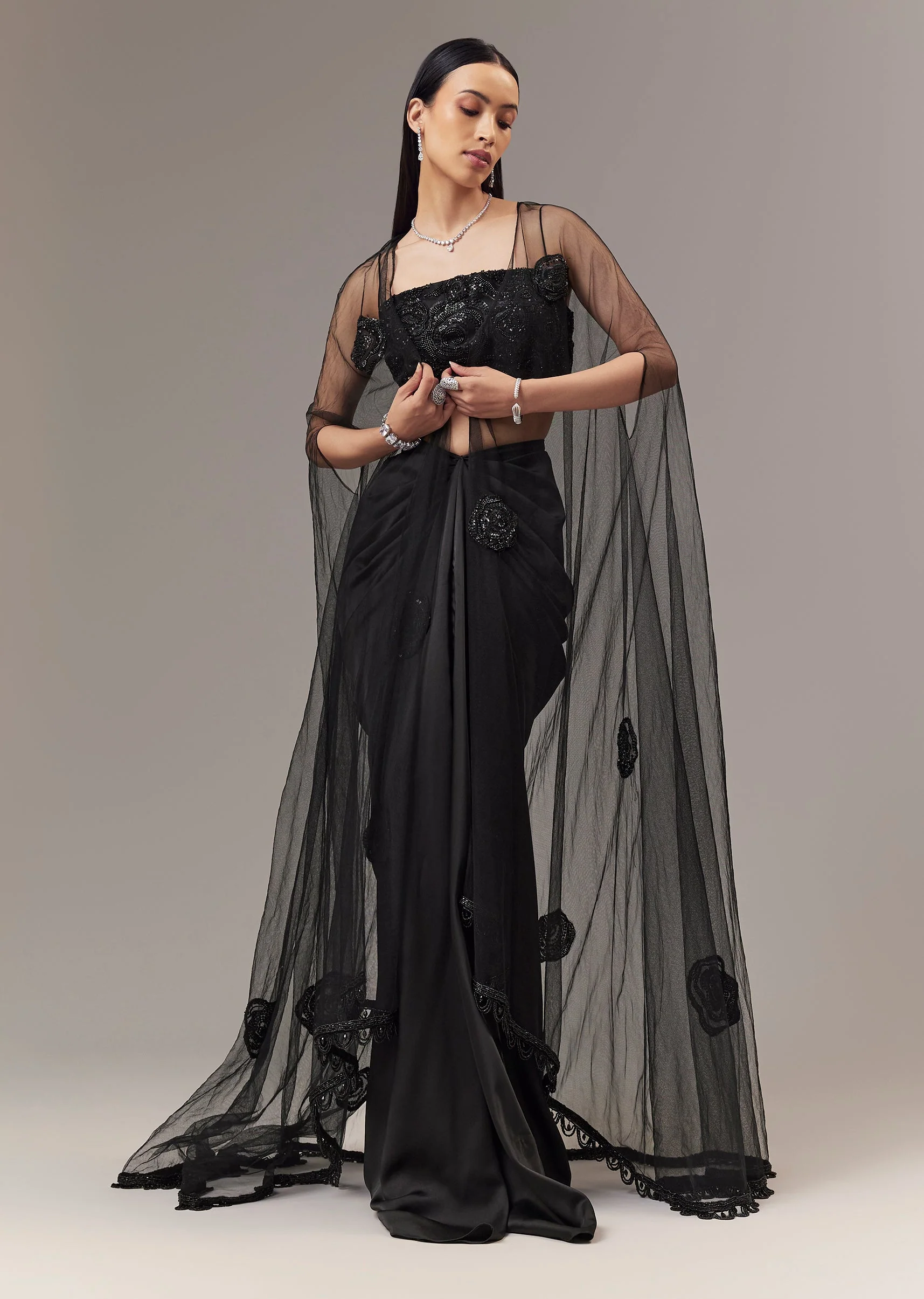 Black Satin Indo Western Crop Top And Draped Skirt Set With Cape