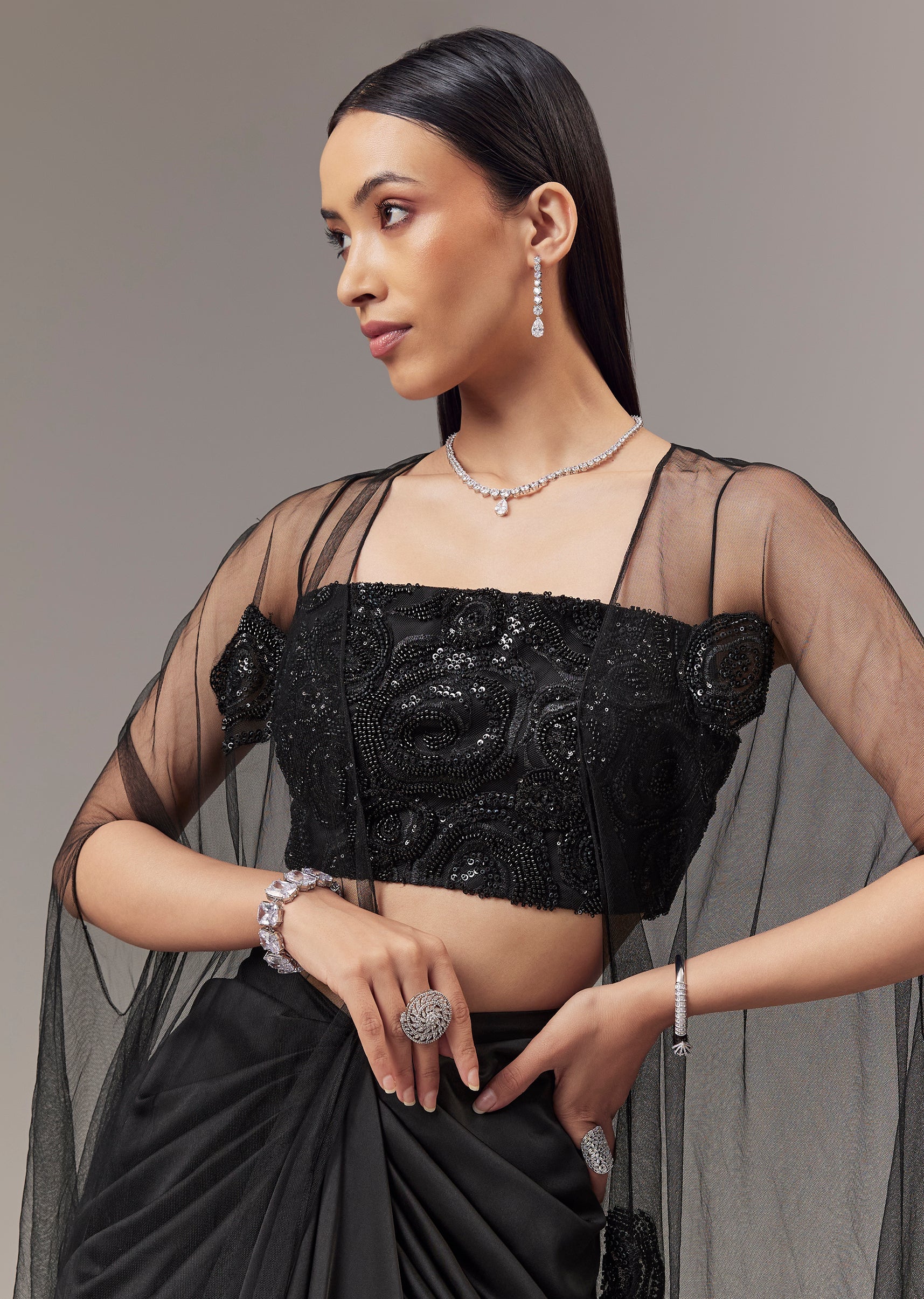 Black Satin Indo Western Crop Top And Draped Skirt Set With Cape - Image 3