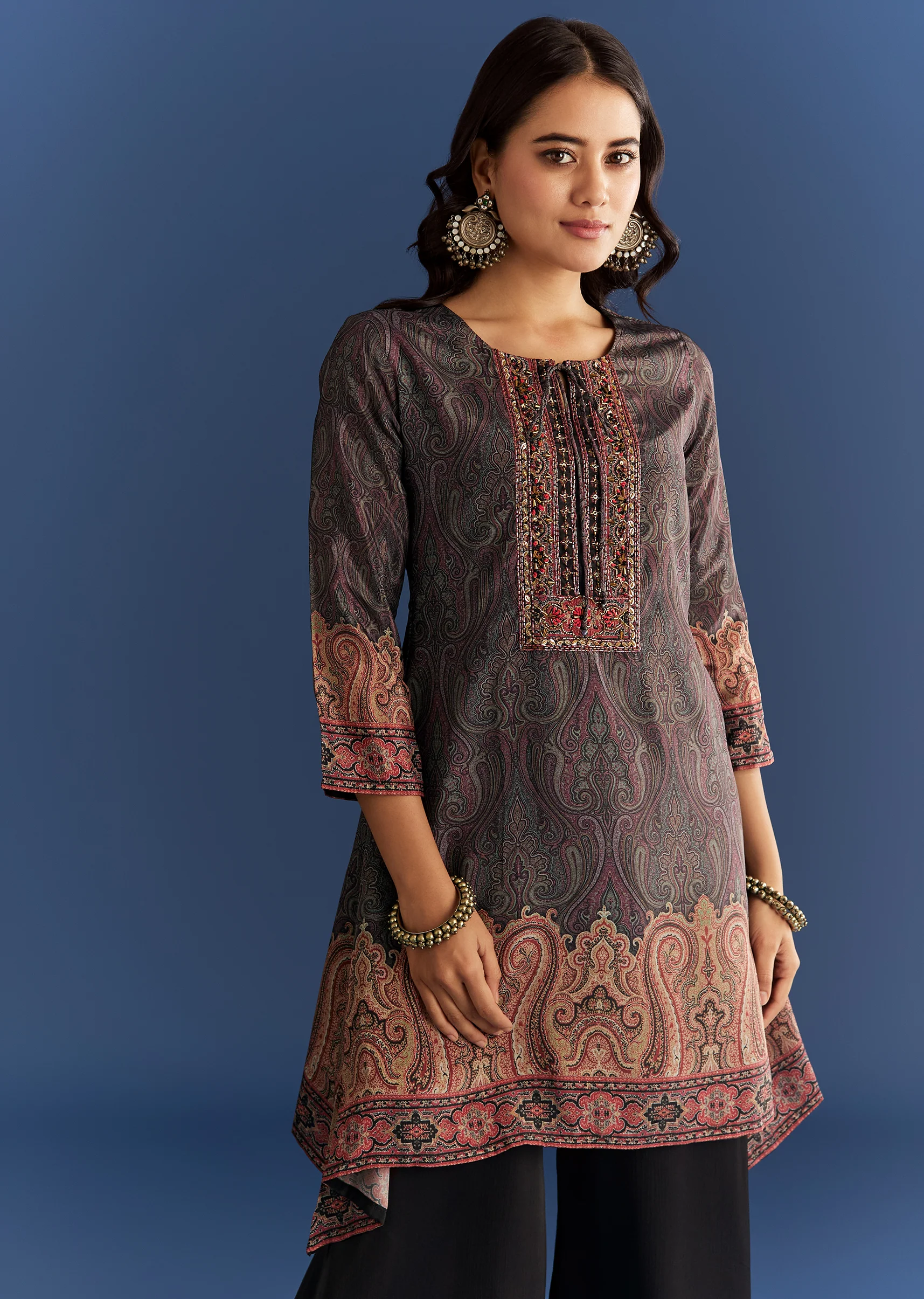 Black Satin Paisley Print Kurta Sharara With Cut Dana Embroidery - Image 4