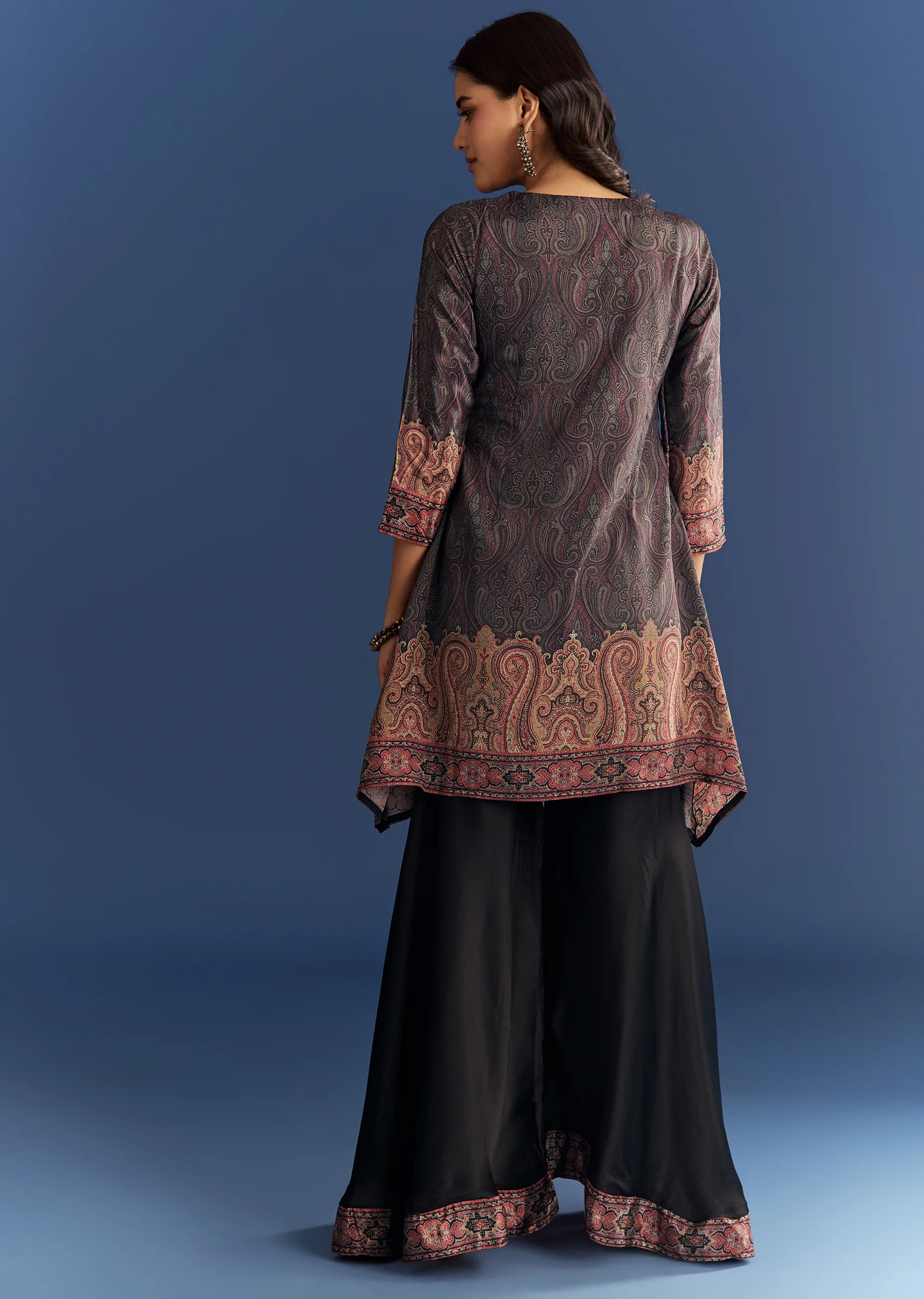 Black Satin Paisley Print Kurta Sharara With Cut Dana Embroidery - Image 6
