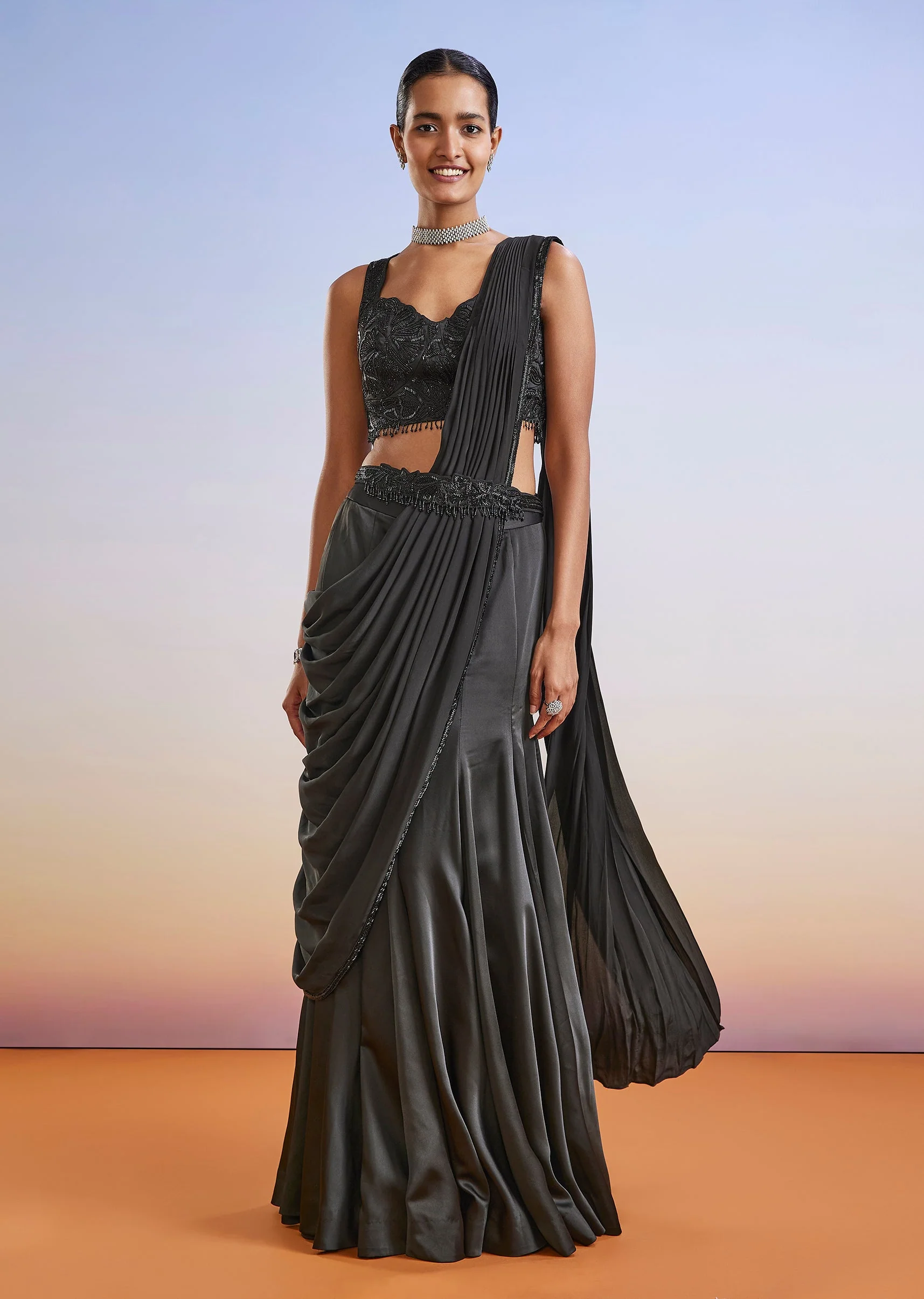 Black Satin Ready Pleated Saree With Embroidered Blouse And Belt - Image 3