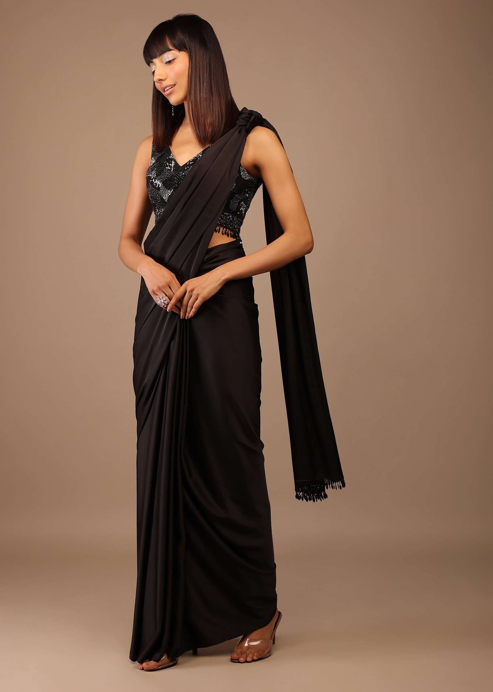 Black Satin Saree With Hand Embroidered Blouse With Fringes On The Hem - Image 3