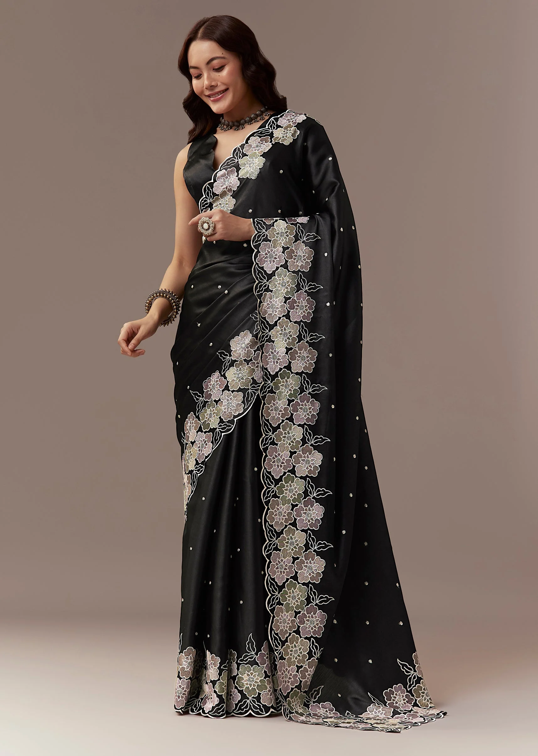 Black Satin Saree With Resham Thread Floral Embroidery - Image 3