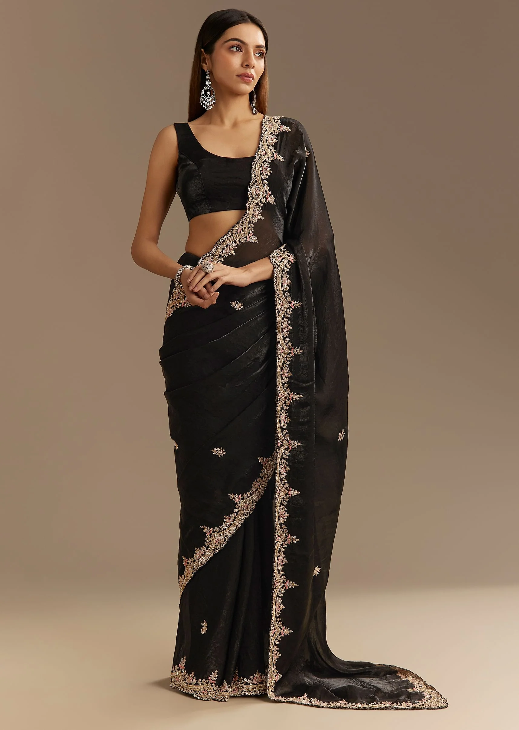 Black Satin Saree With Zardosi Sequins And Scallop Border