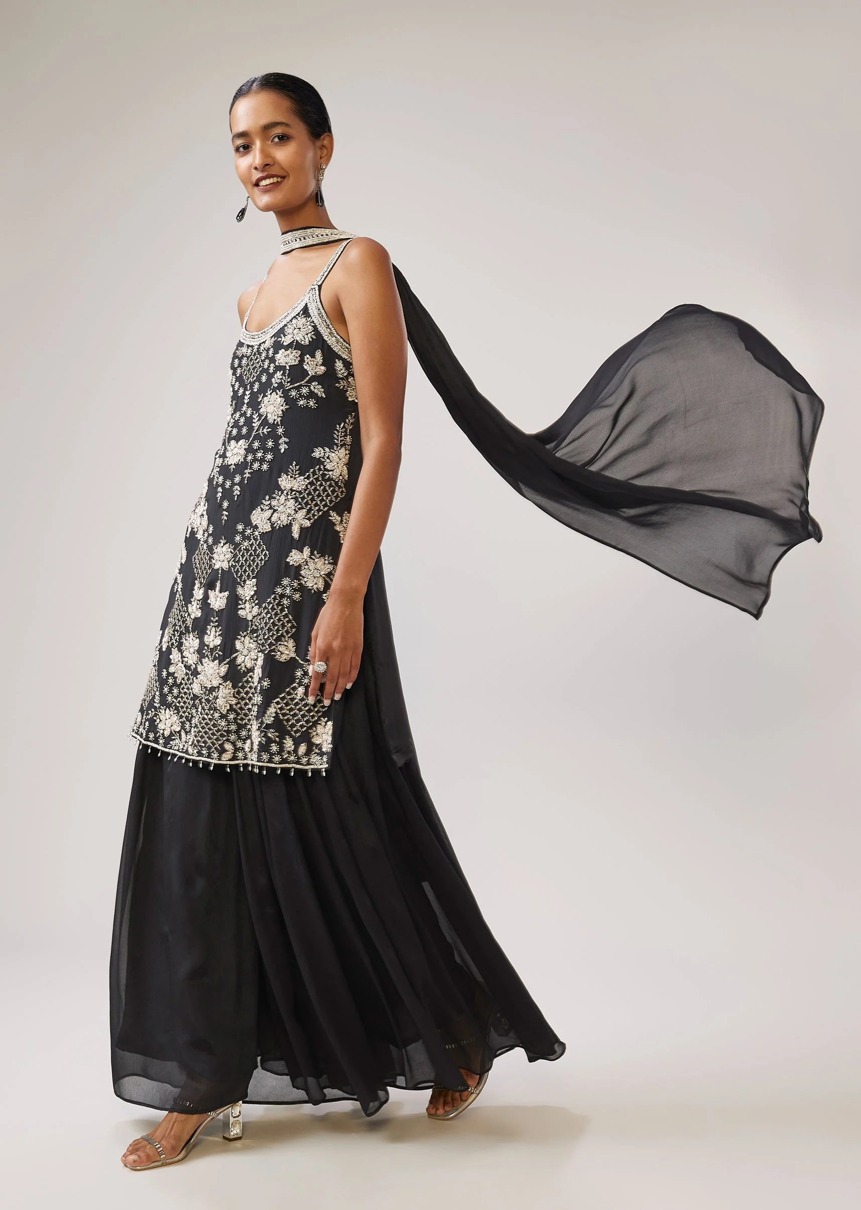 Black Sequin Cut Dana Strap Kurta Palazzo Set With Dupatta - Image 2