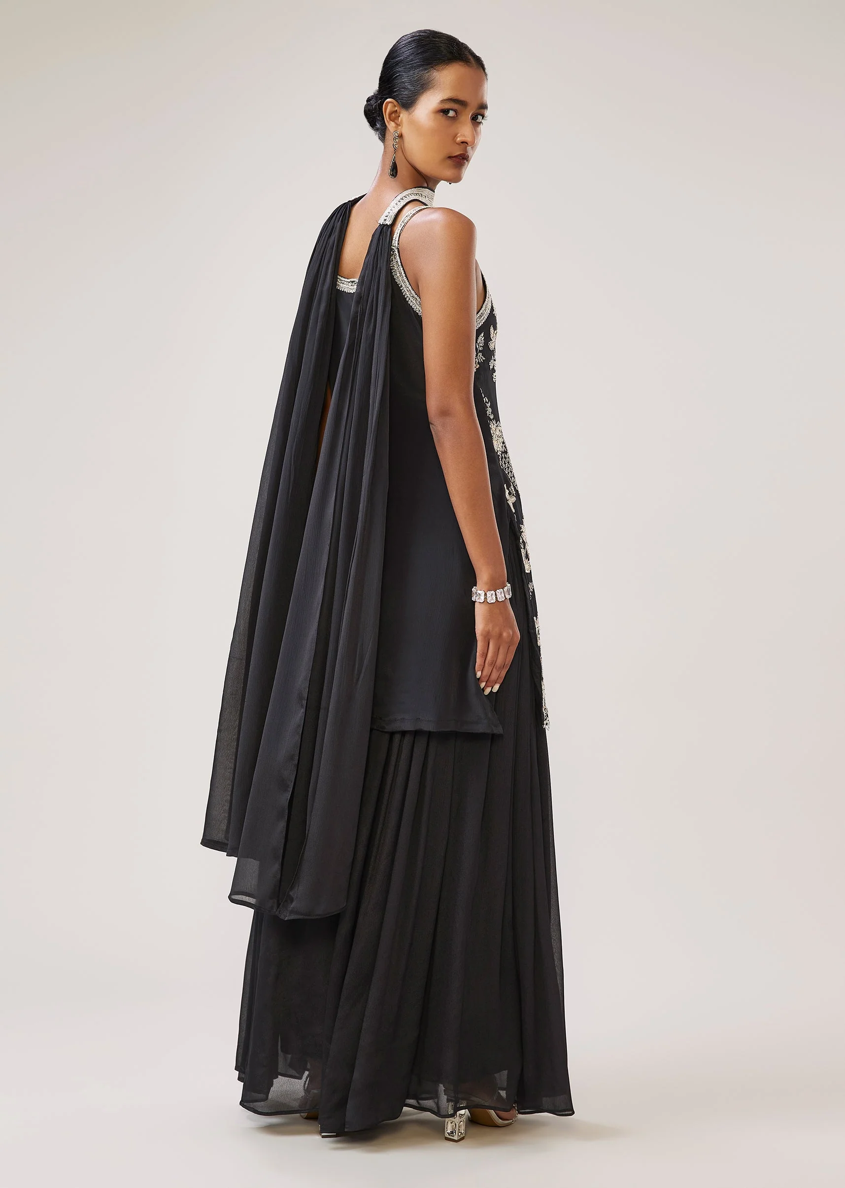 Black Sequin Cut Dana Strap Kurta Palazzo Set With Dupatta - Image 5