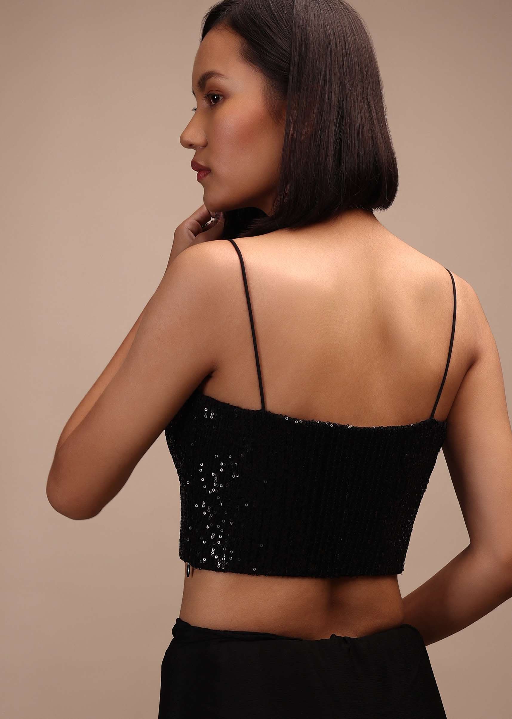 Black Sequin Spaghetti Strap Blouse In A Sweetheart Neckline Straight Hemline With Side Zip Closure - Image 2