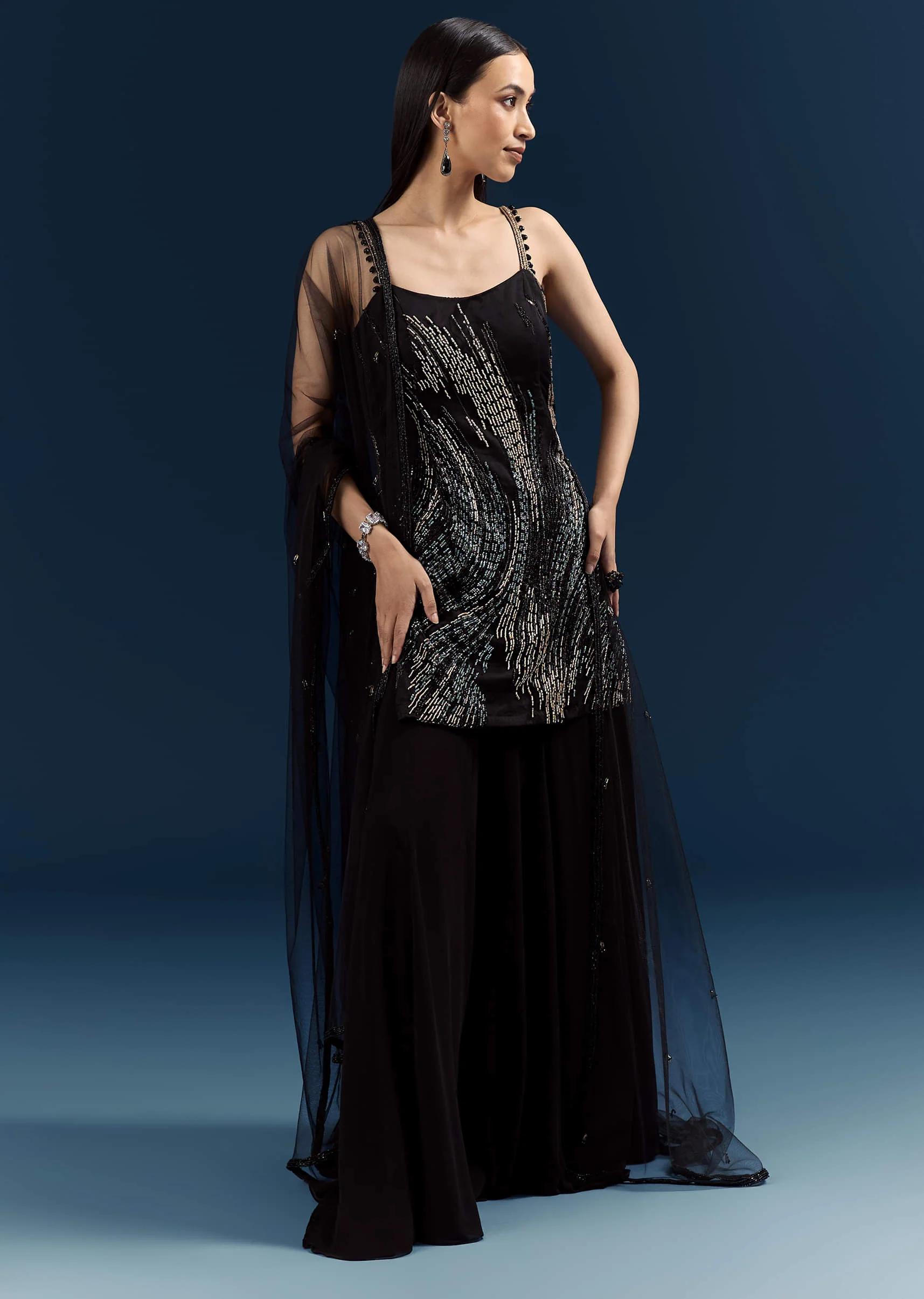 Black Sequins Sharara Suit With Cutdana Embroidery
