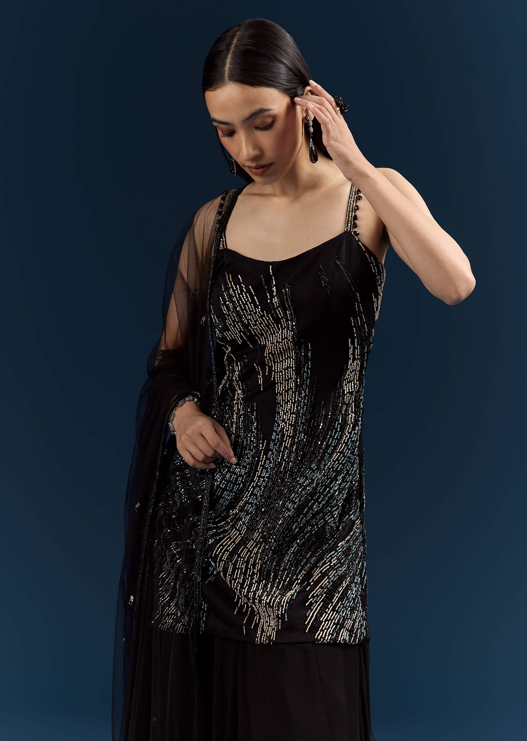Black Sequins Sharara Suit With Cutdana Embroidery - Image 3