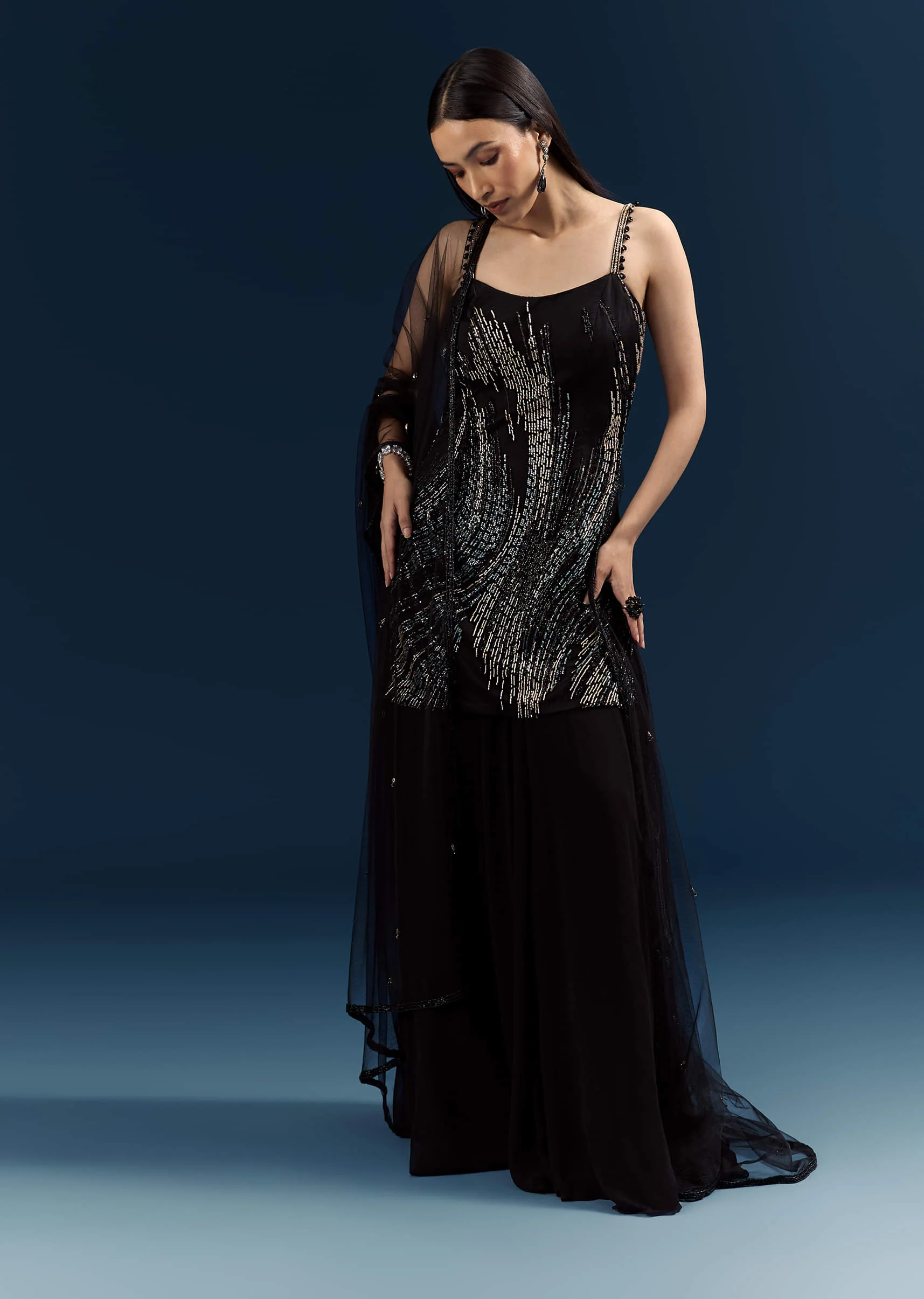 Black Sequins Sharara Suit With Cutdana Embroidery - Image 4