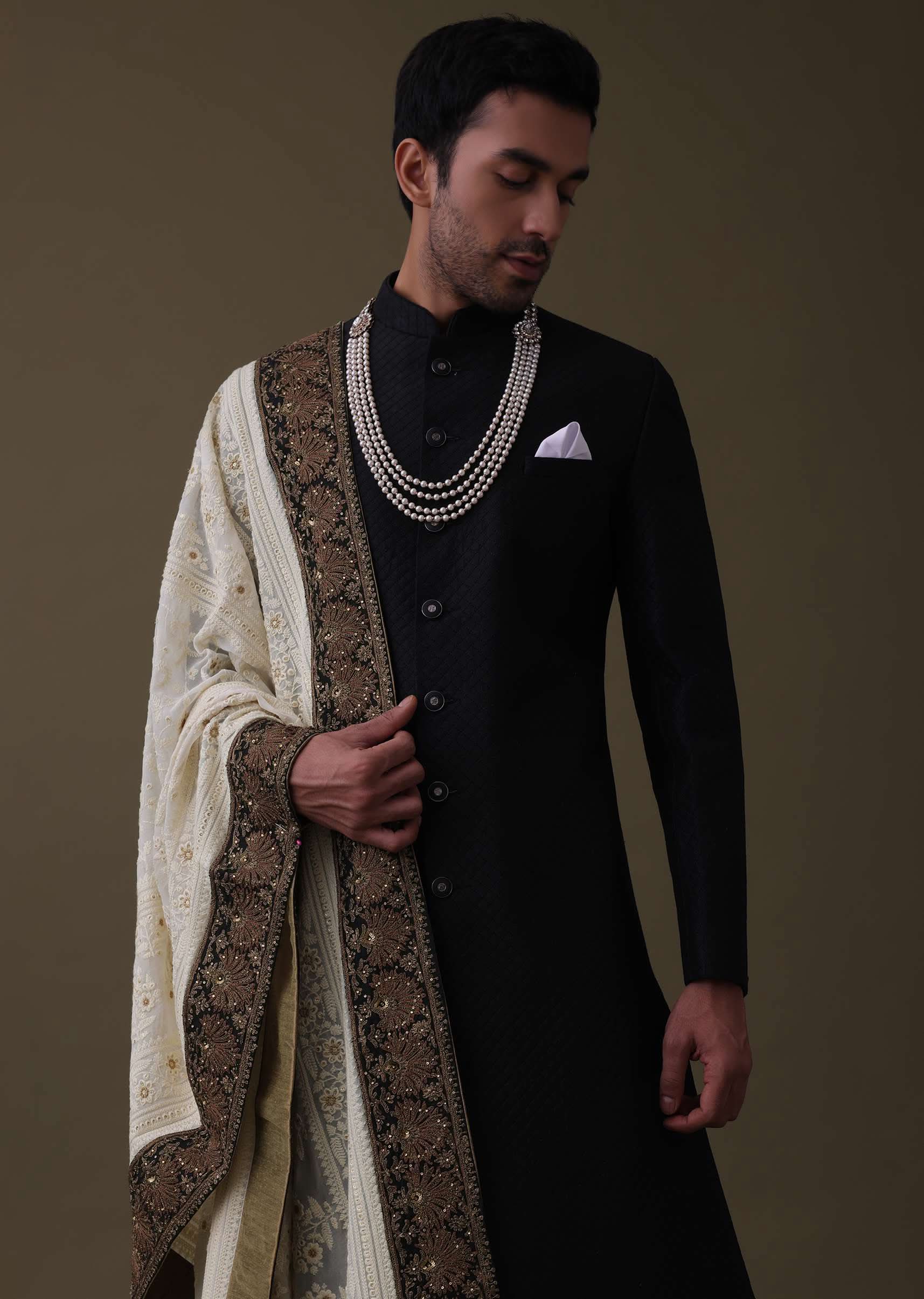 Black Sherwani Set In Silk With Embroidered Dupatta And Mala - Image 2