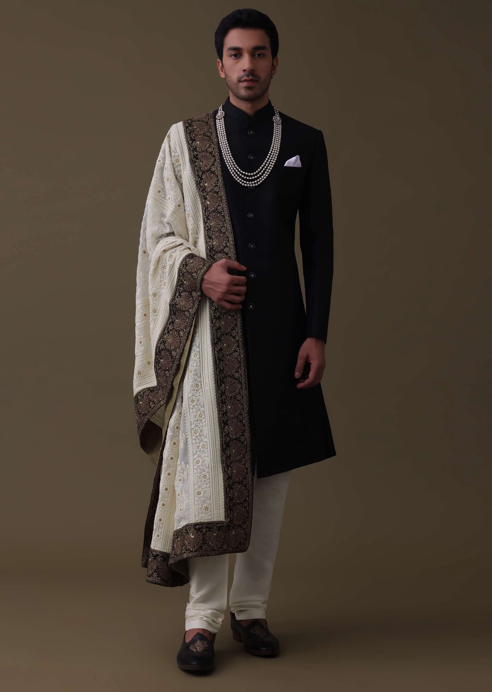 Black Sherwani Set In Silk With Embroidered Dupatta And Mala - Image 3