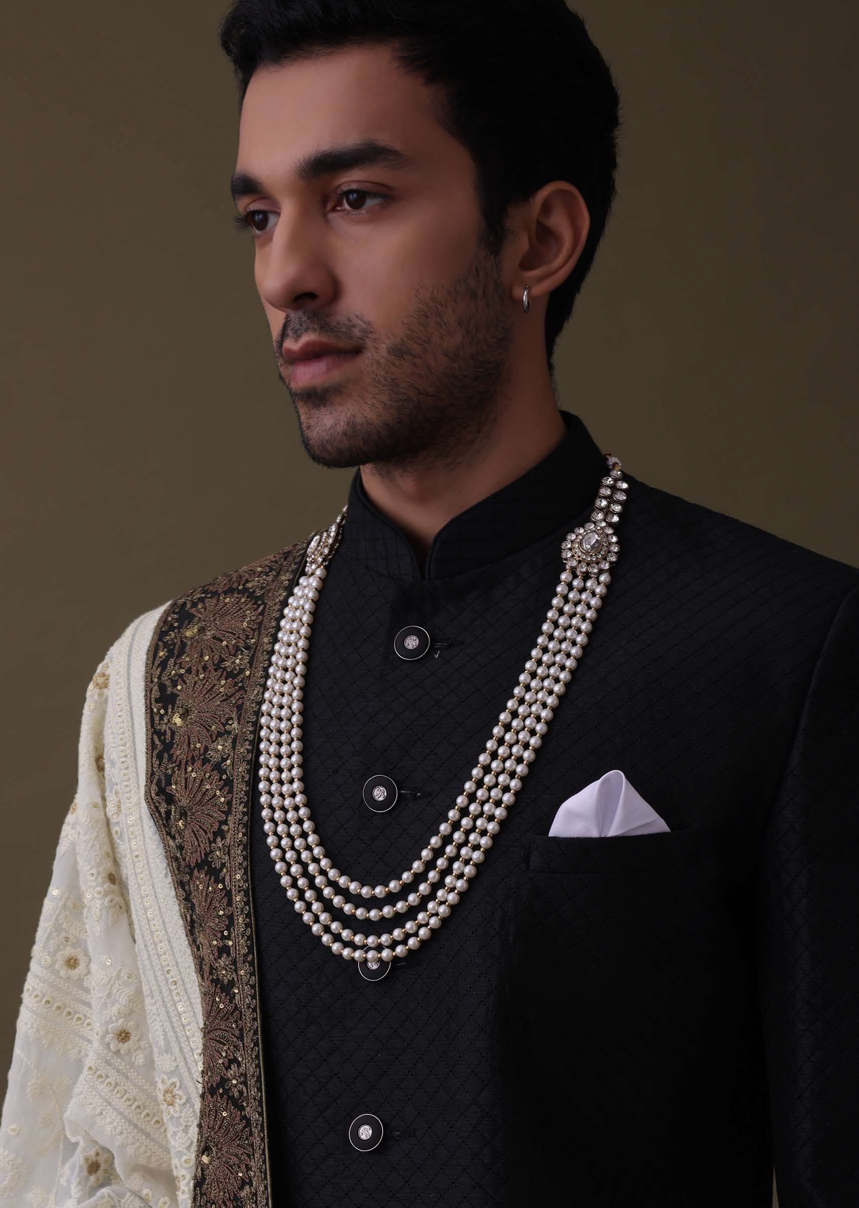 Black Sherwani Set In Silk With Embroidered Dupatta And Mala - Image 4