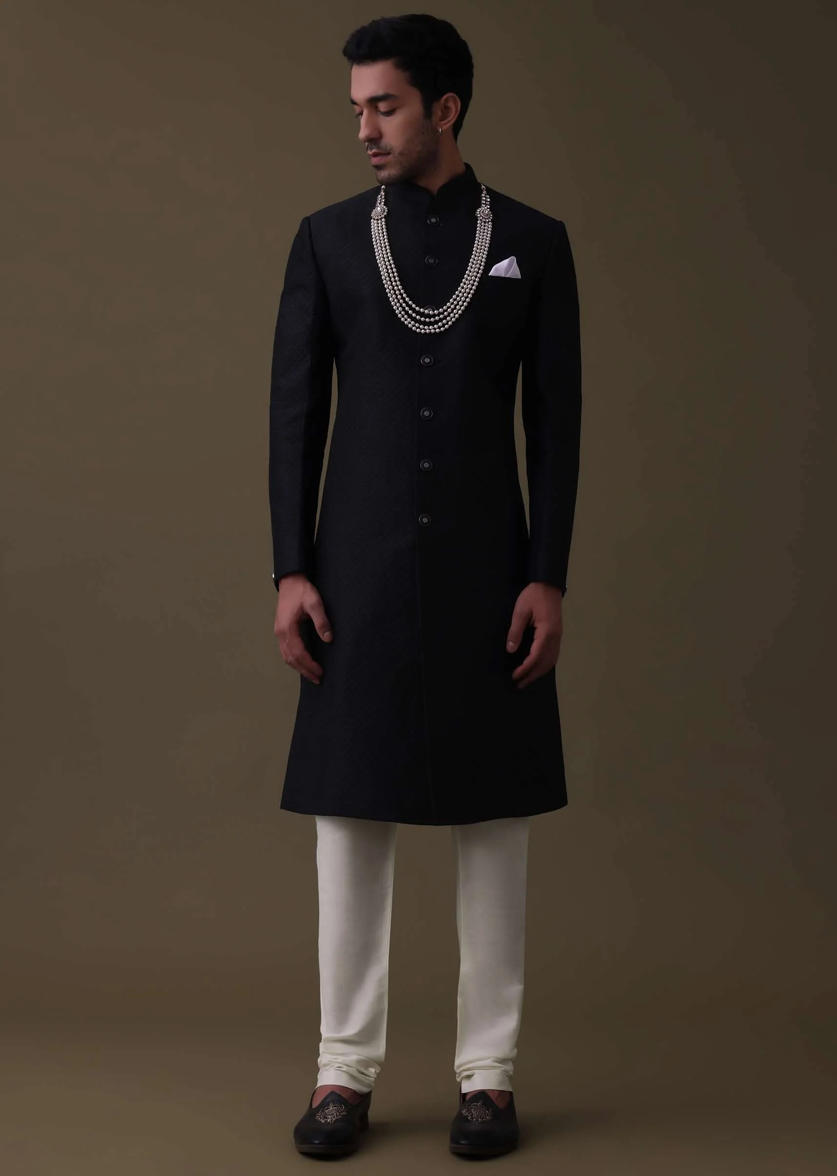 Black Sherwani Set In Silk With Embroidered Dupatta And Mala - Image 5
