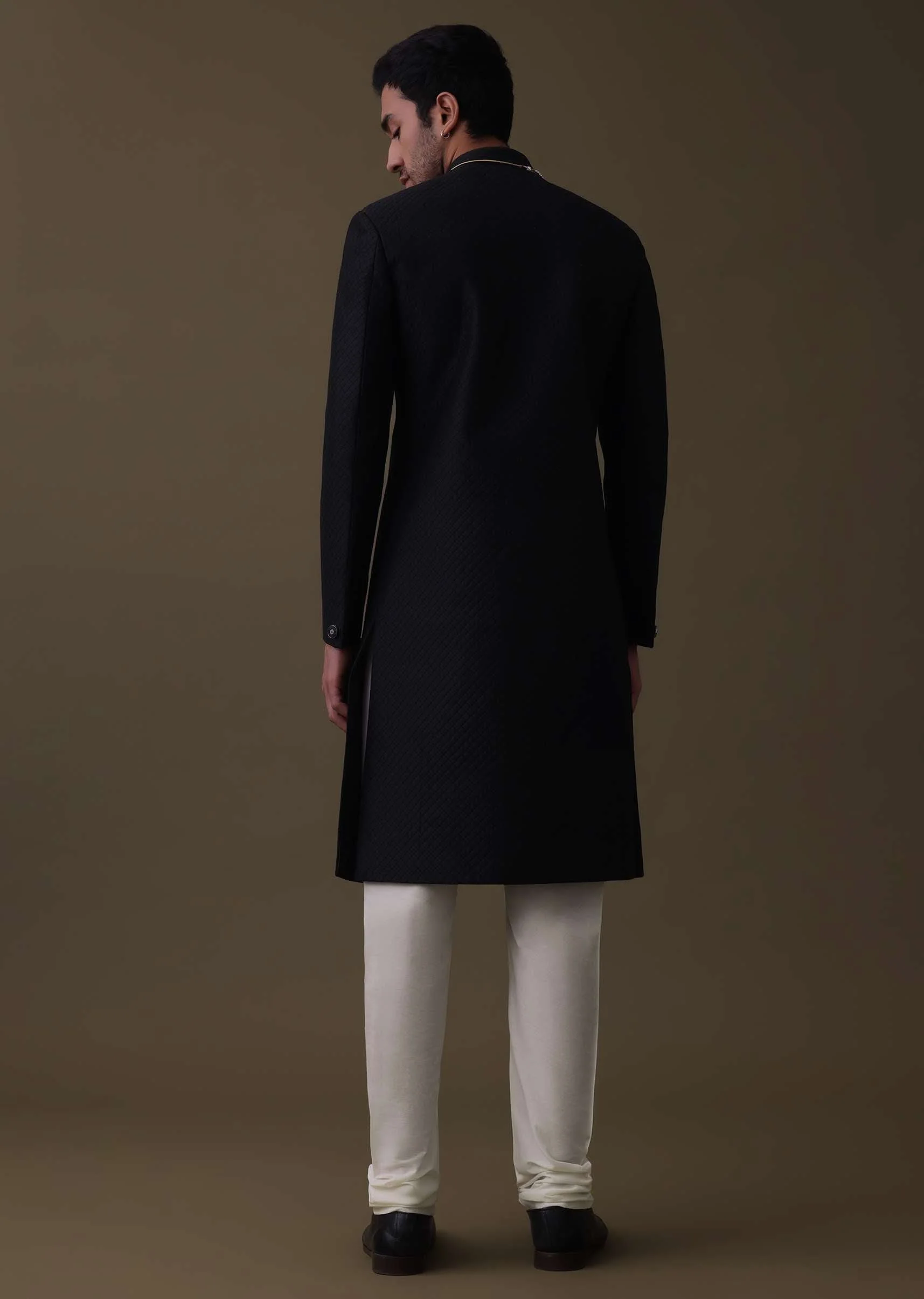 Black Sherwani Set In Silk With Embroidered Dupatta And Mala - Image 6