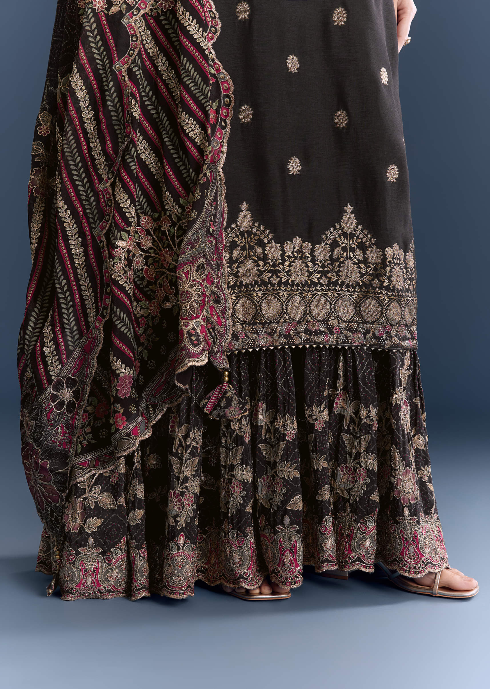 Black Silk Anarkali Suit With Zari Butti And Floral Print - Image 4
