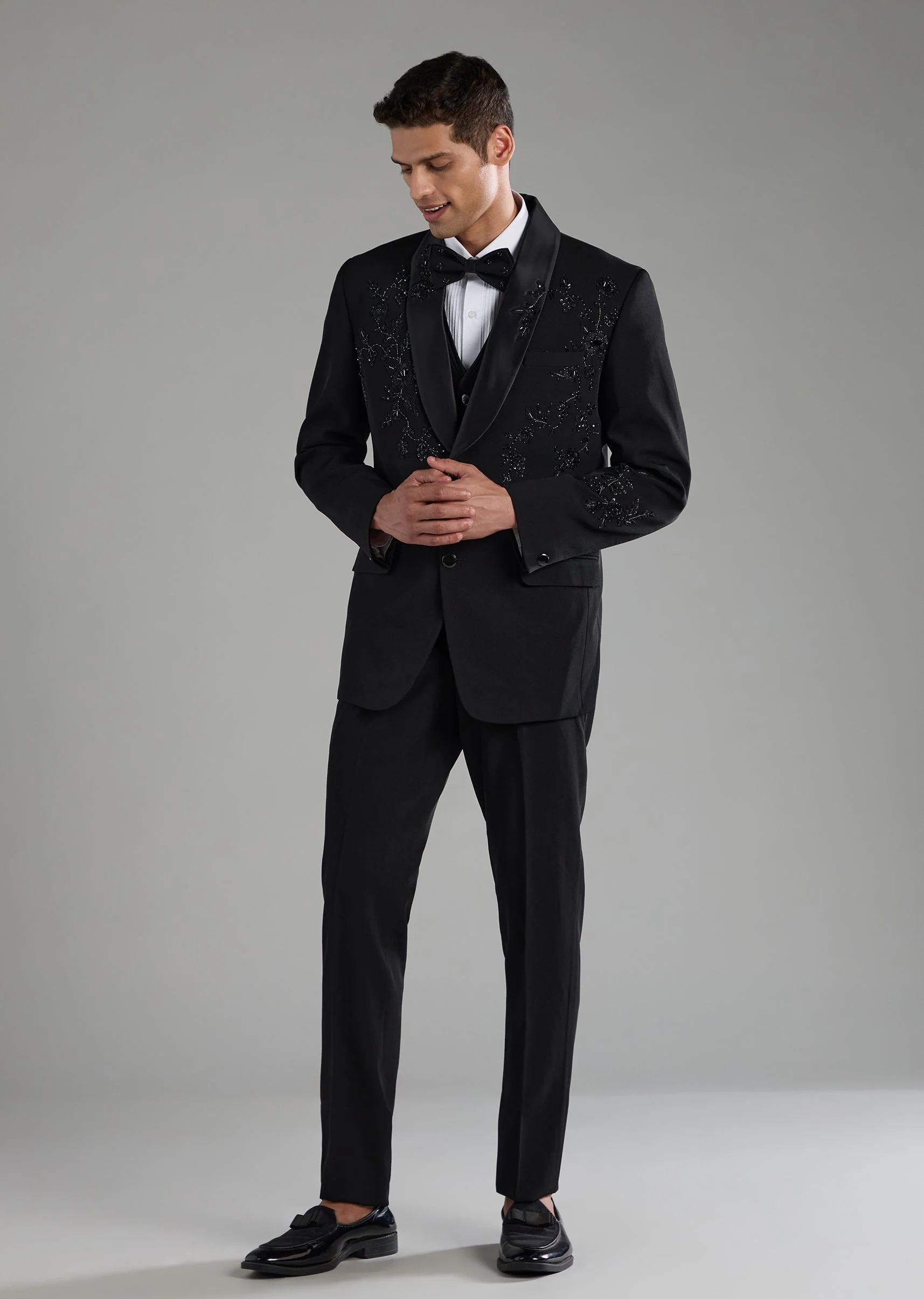Black Silk Cutdana Embellished Tuxedo Set with Bow Tie - Image 2