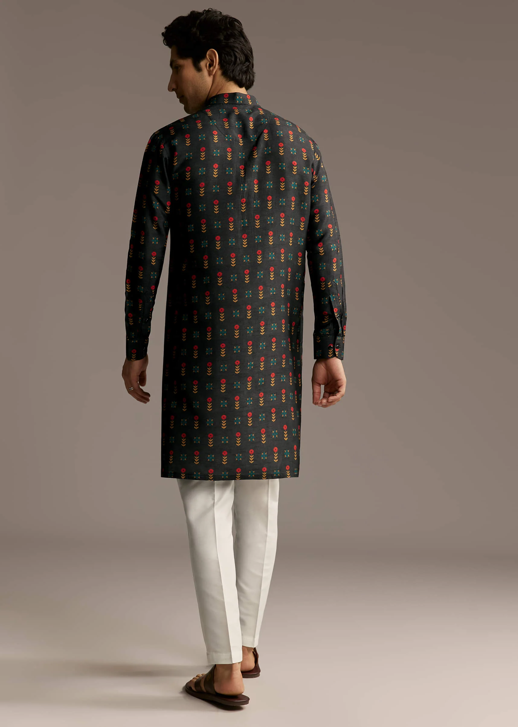 Black Silk Designer Kurta For Men With Buta Print - Image 5