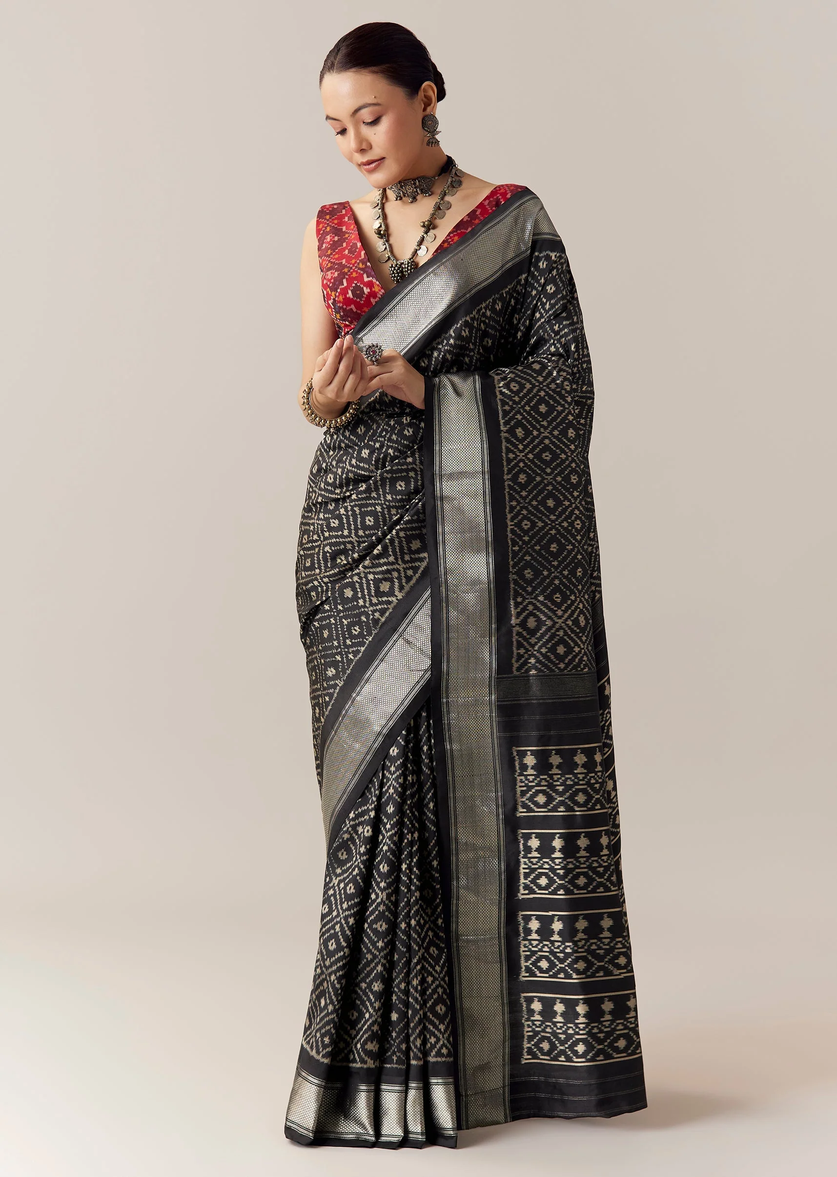 Black Silk Ikkat Weave Saree with Unstitched Blouse