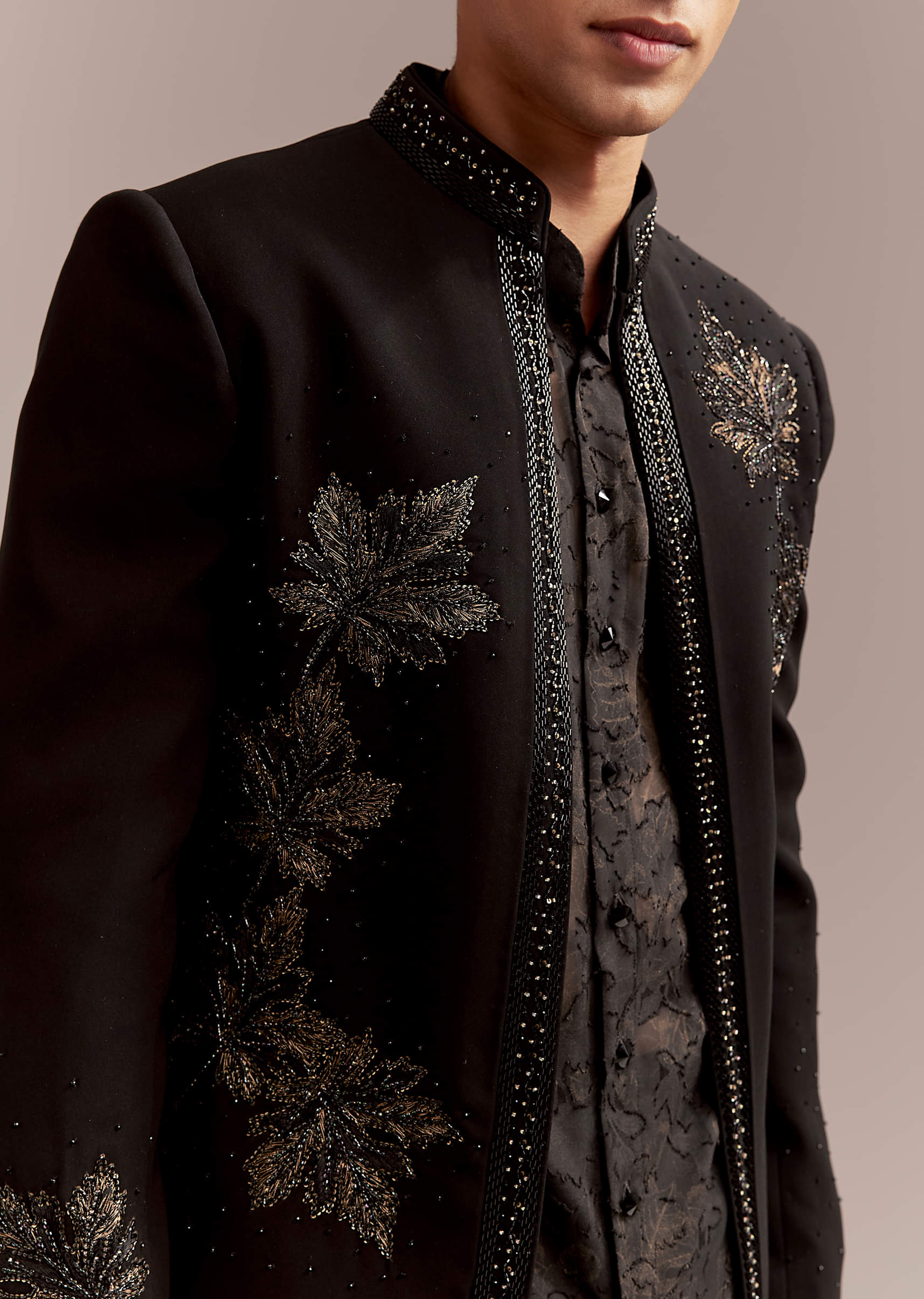 Black Silk Indo Western Set For Men With Intricate Leaf Embroidery - Image 2