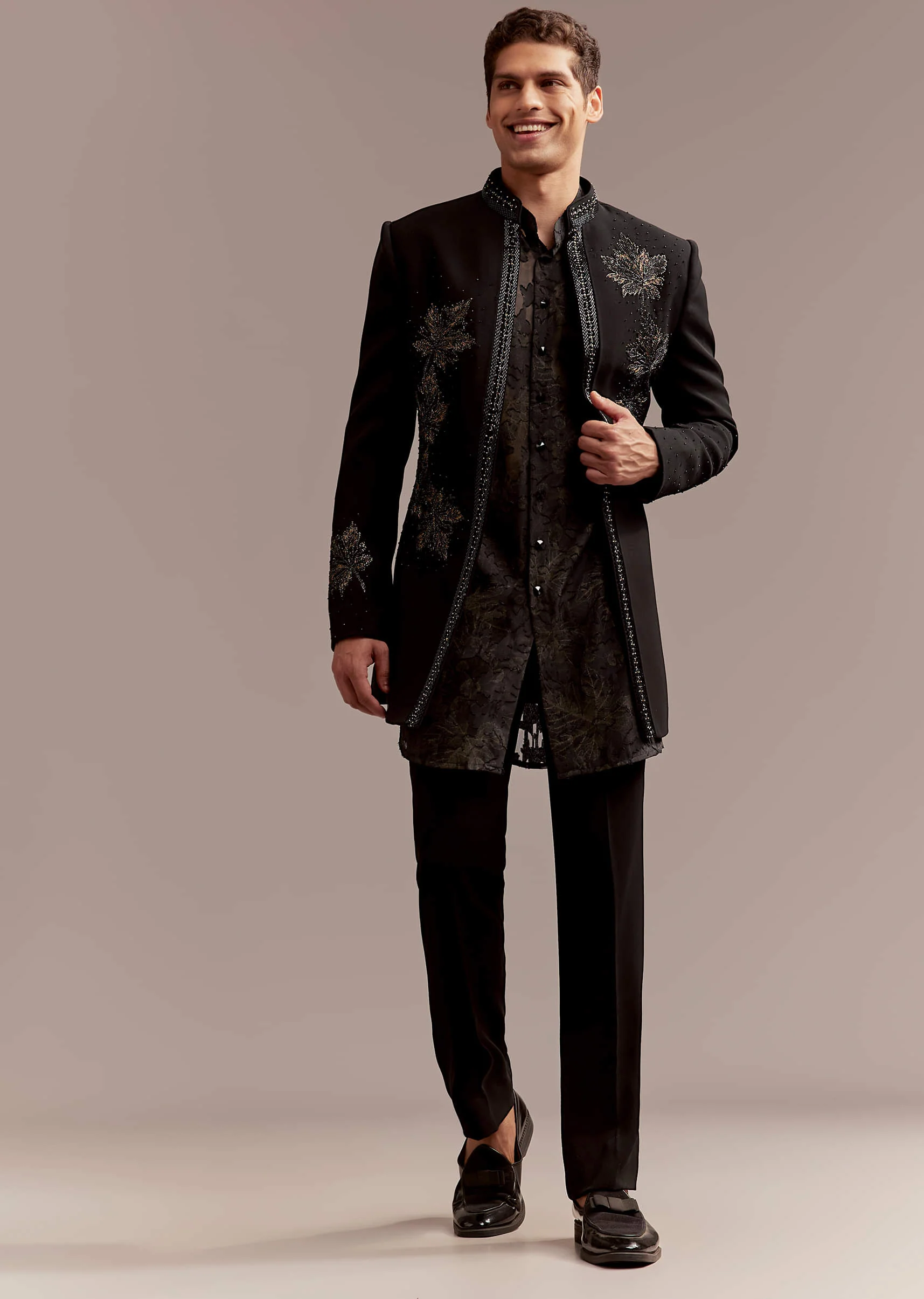 Black Silk Indo Western Set For Men With Intricate Leaf Embroidery - Image 3