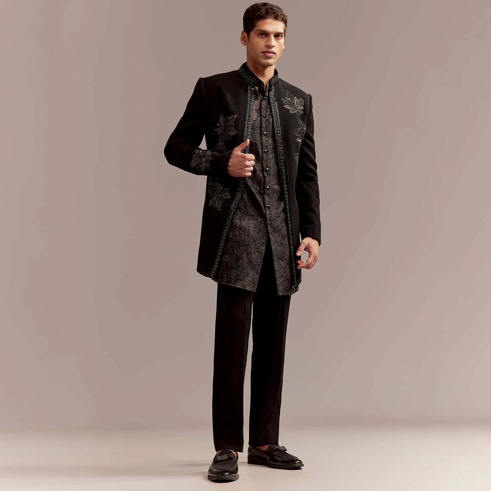 Black Silk Indo Western Set For Men With Intricate Leaf Embroidery - Image 4