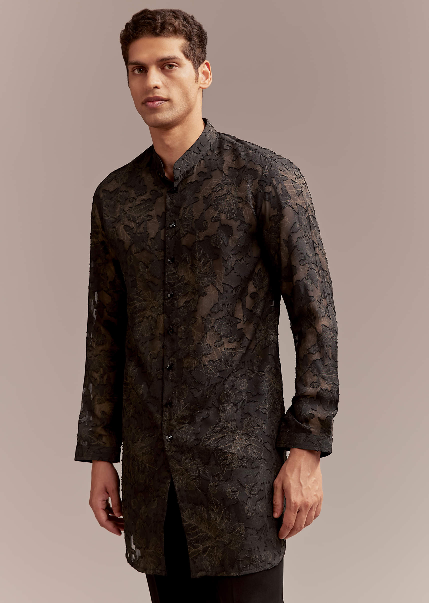 Black Silk Indo Western Set For Men With Intricate Leaf Embroidery - Image 7
