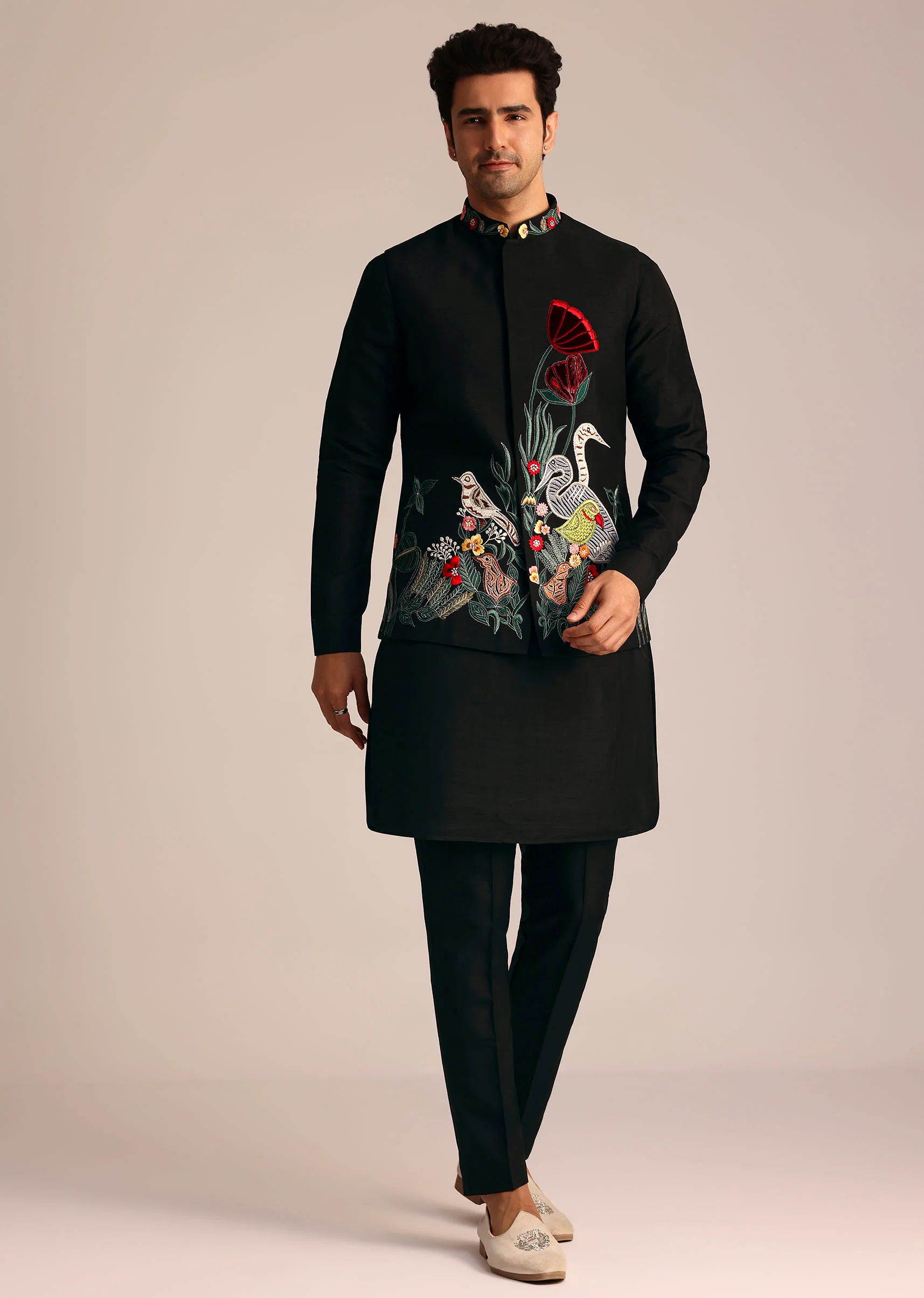 Black Silk Jacket Set With Resham Embroidery - Image 2