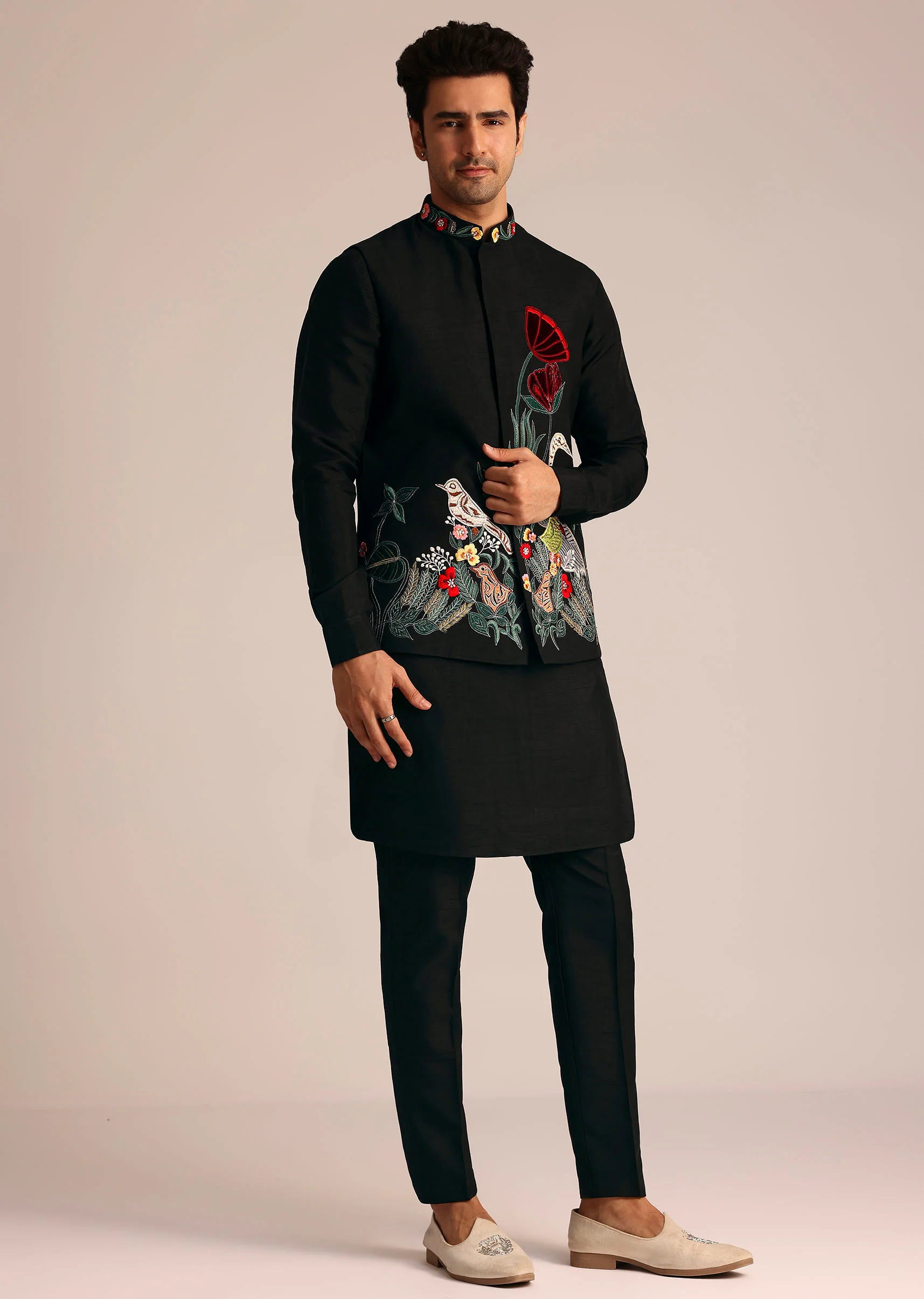 Black Silk Jacket Set With Resham Embroidery - Image 4