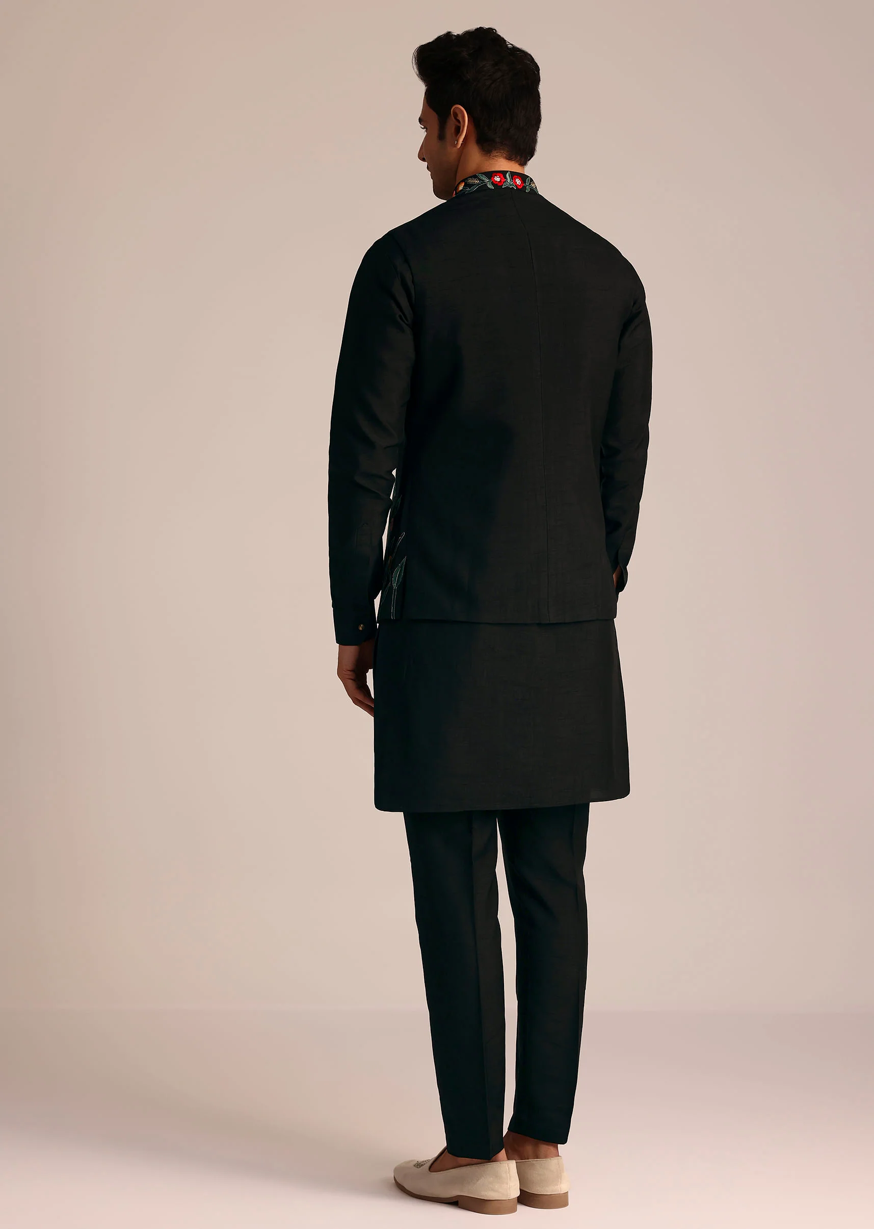 Black Silk Jacket Set With Resham Embroidery - Image 5