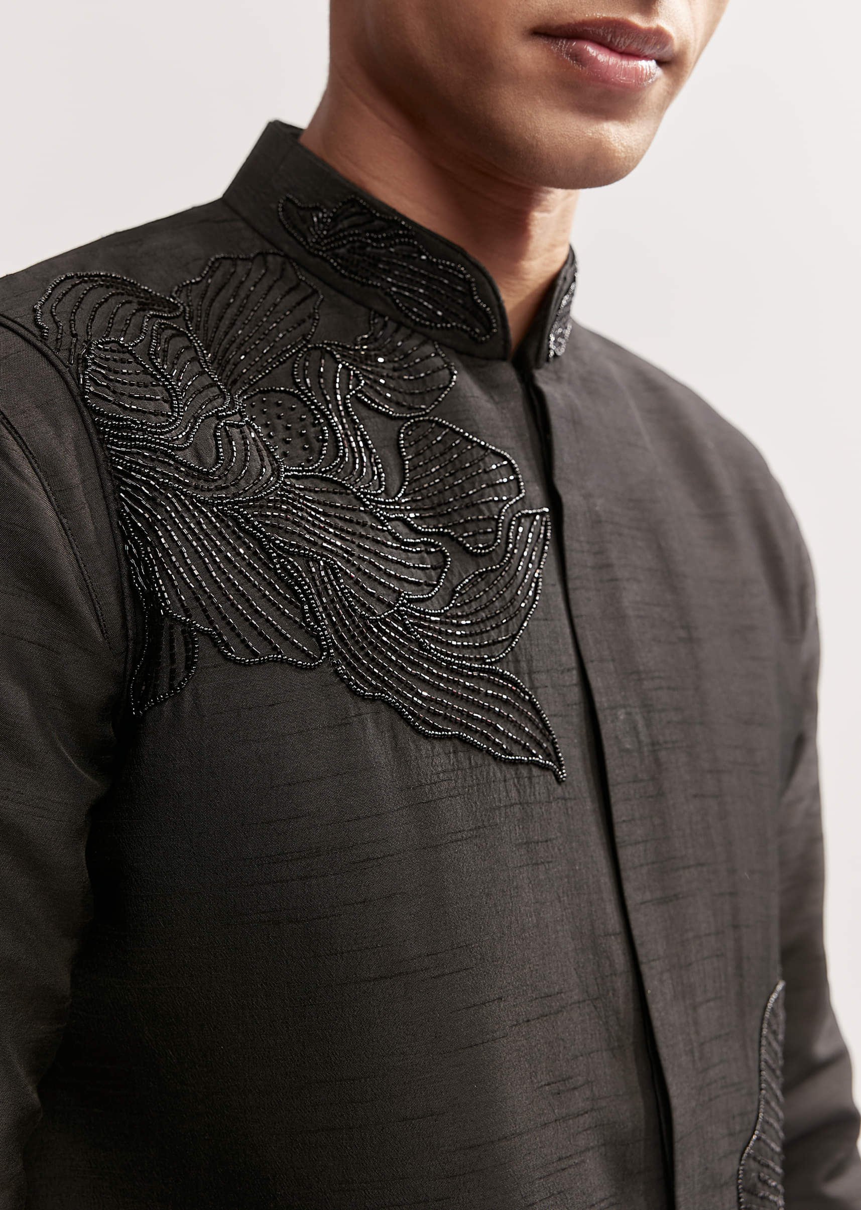 Black Silk Kurta Jacket Set For Men With Floral Cutdana Work - Image 3