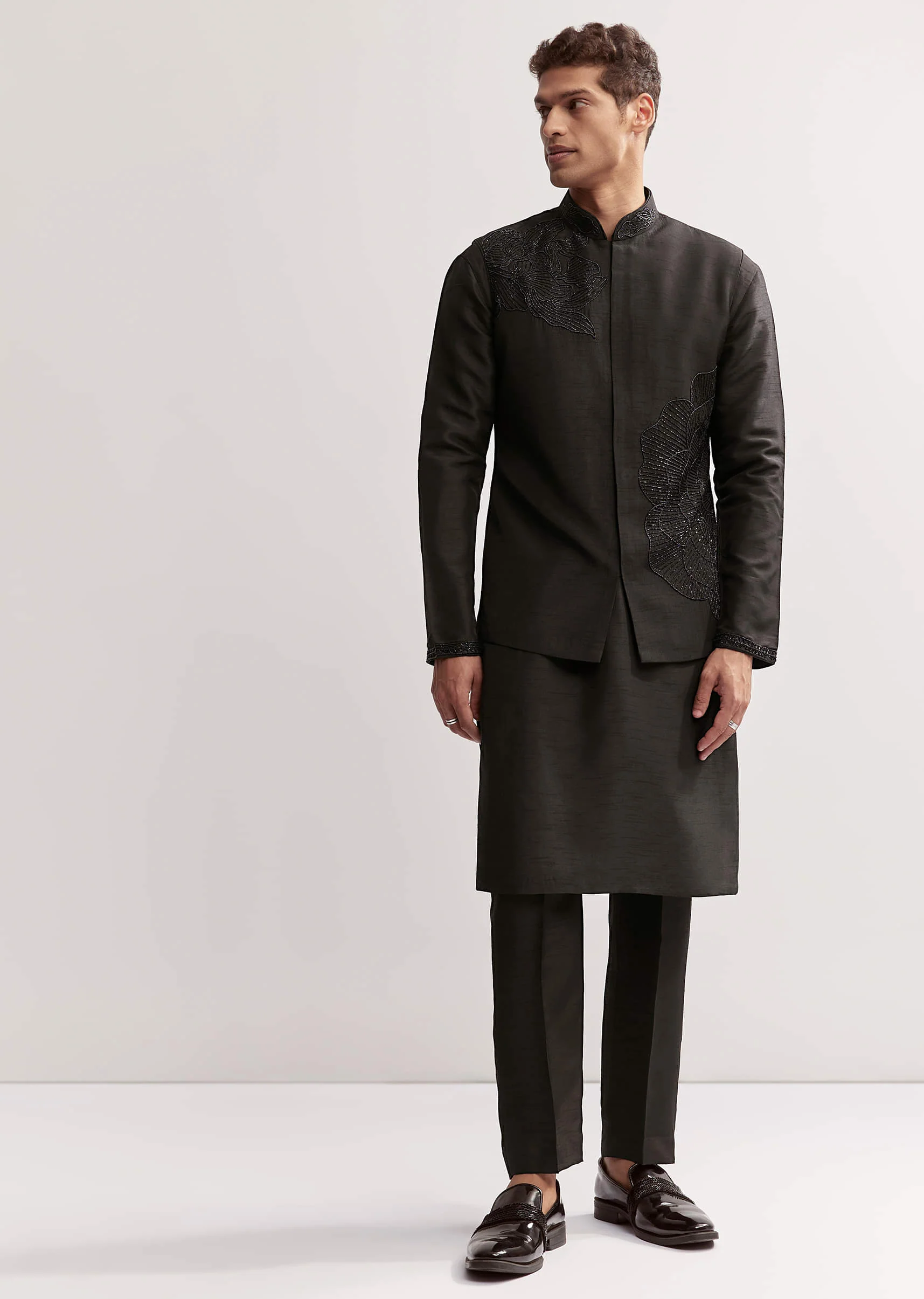 Black Silk Kurta Jacket Set For Men With Floral Cutdana Work - Image 4