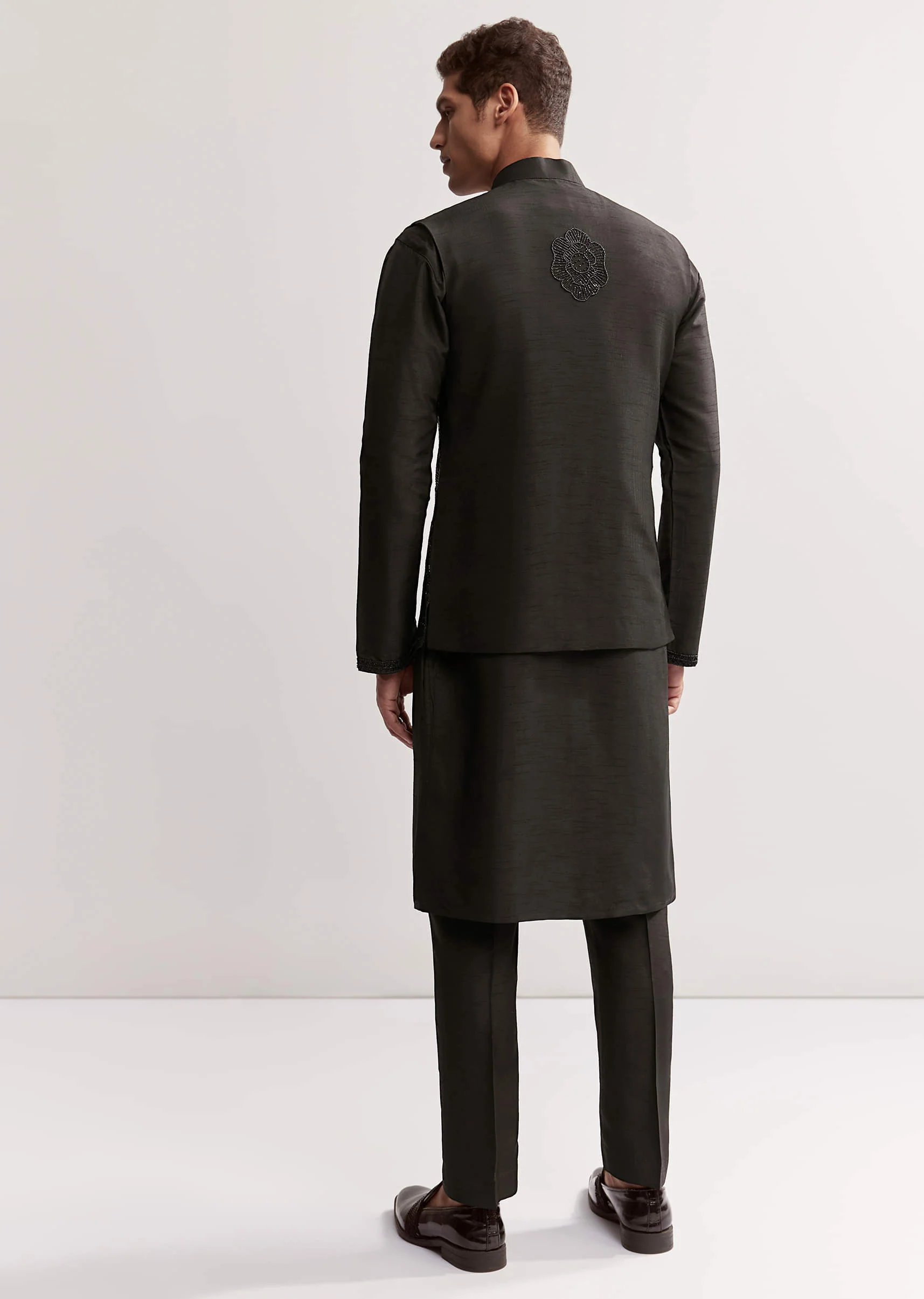 Black Silk Kurta Jacket Set For Men With Floral Cutdana Work - Image 5
