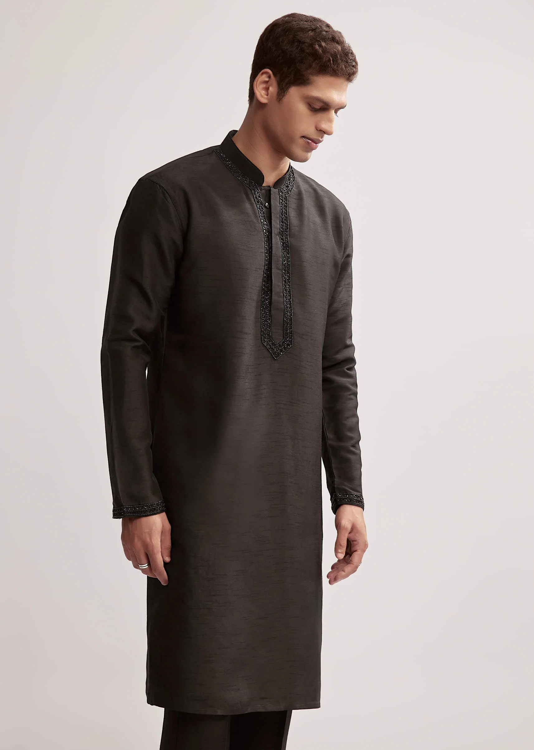 Black Silk Kurta Jacket Set For Men With Floral Cutdana Work - Image 6